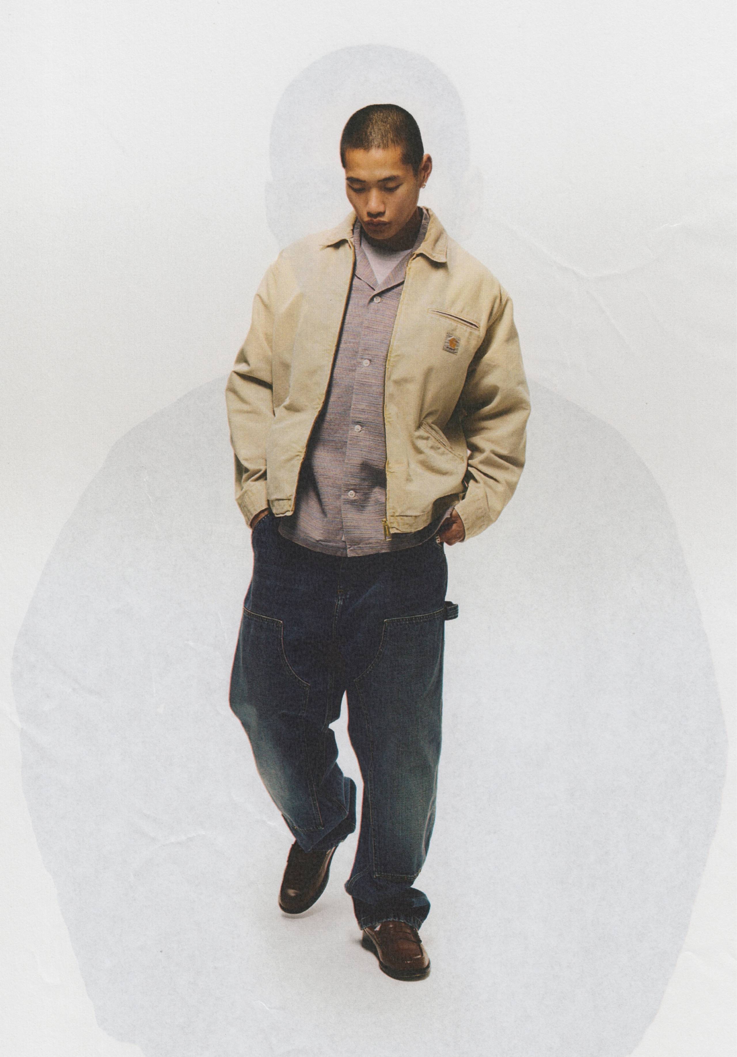 Model wearing Carhartt WIP OG Detroit Jacket in Chalk Wash
