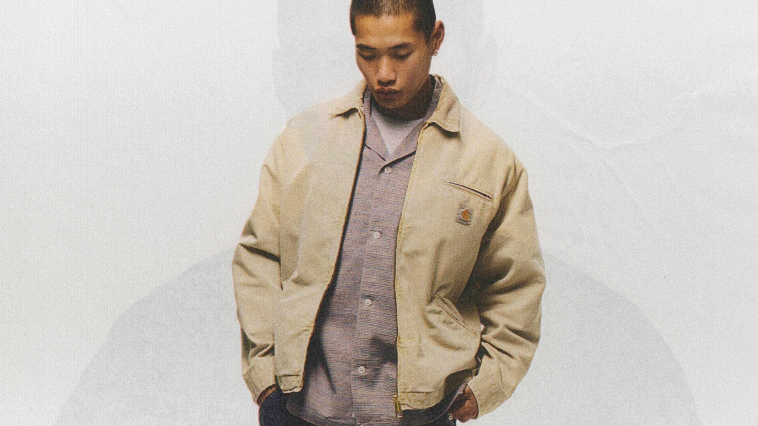 Model wearing Carhartt WIP OG Detroit Jacket in Chalk Wash