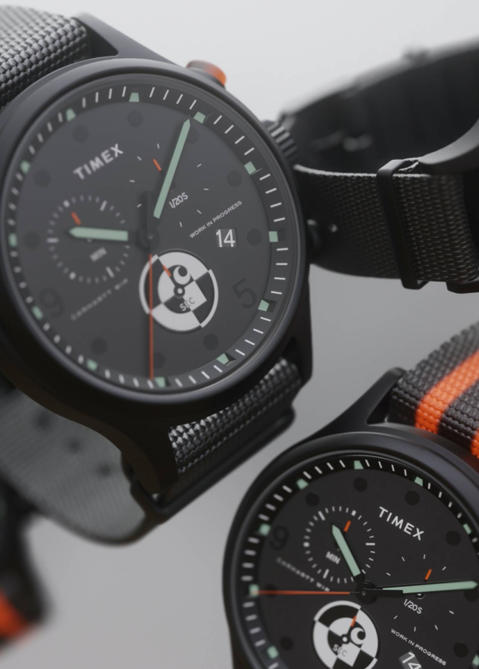 Editorial photo of 3 Carhartt WIP x Timex Range C Allied Chronograph wristwatches