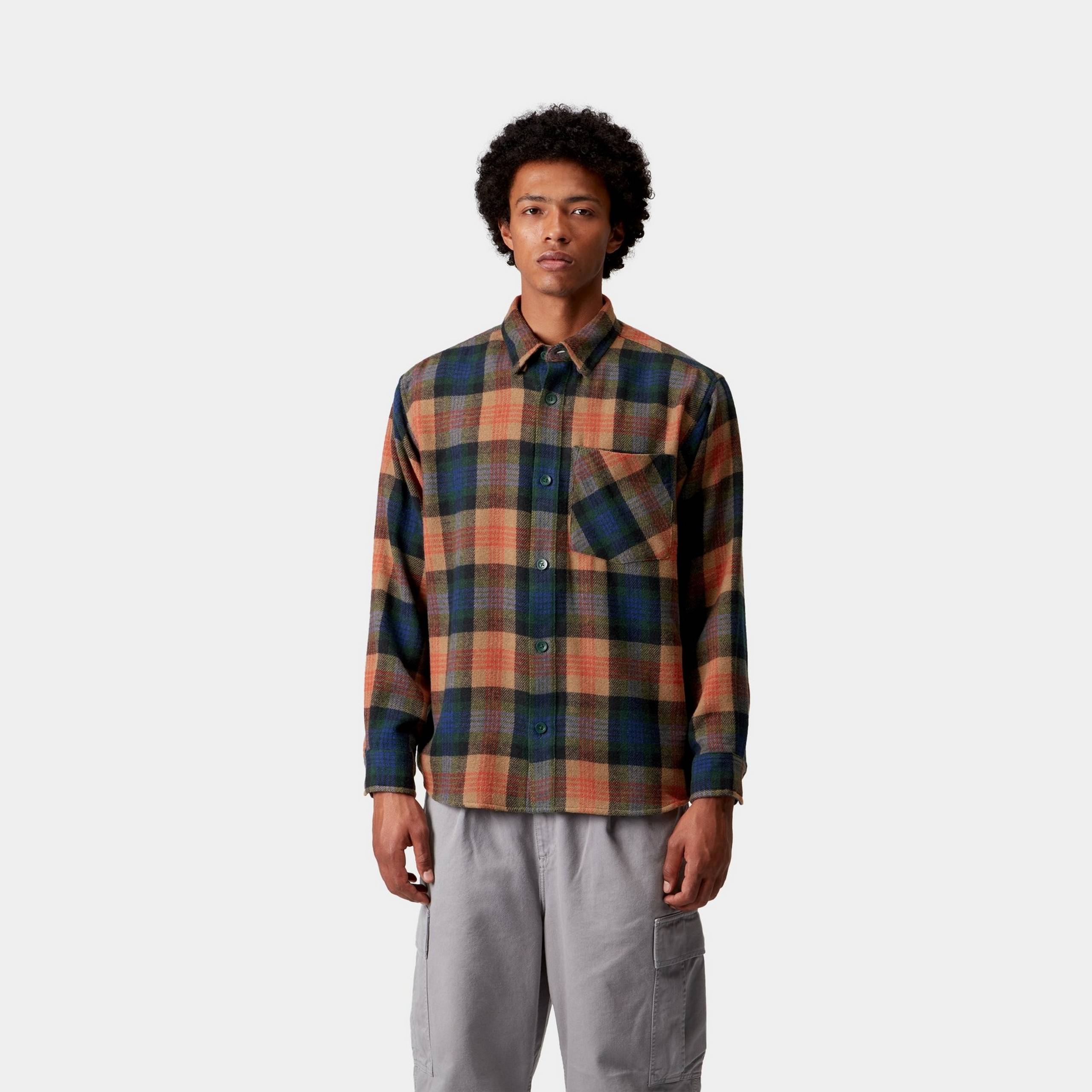 Model wearing plaid pattern Carhartt WIP button down and cargo pants