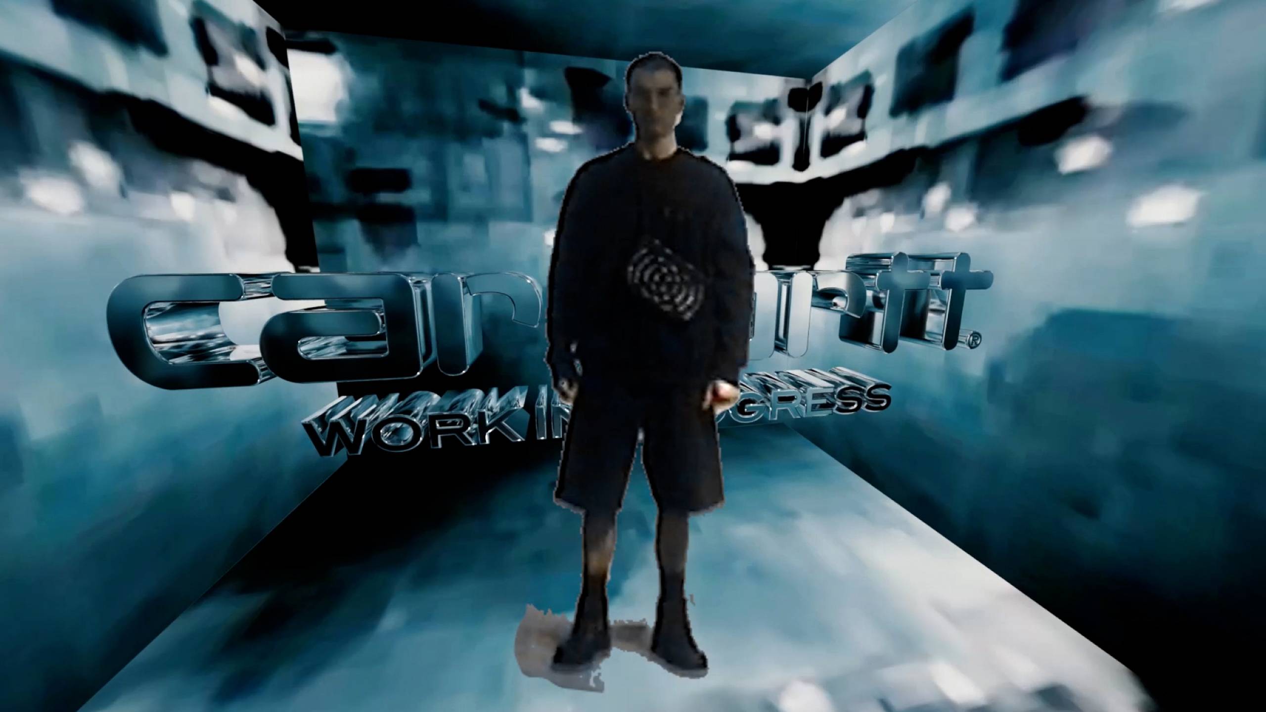 Model wearing Carhartt WIP x TRESOR Way of the Light strap bag in black
