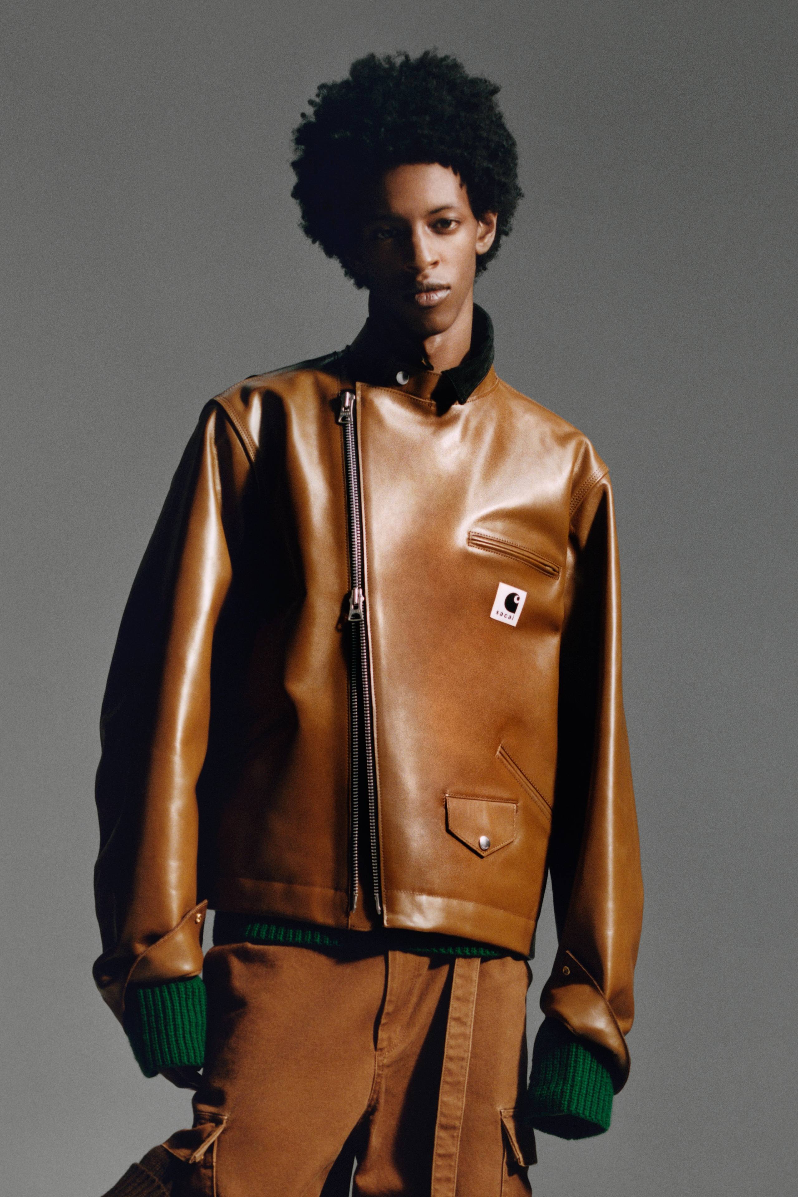 Model wearing items from the sacai x Carhartt WIP Fall/Winter 2025 Collaboration