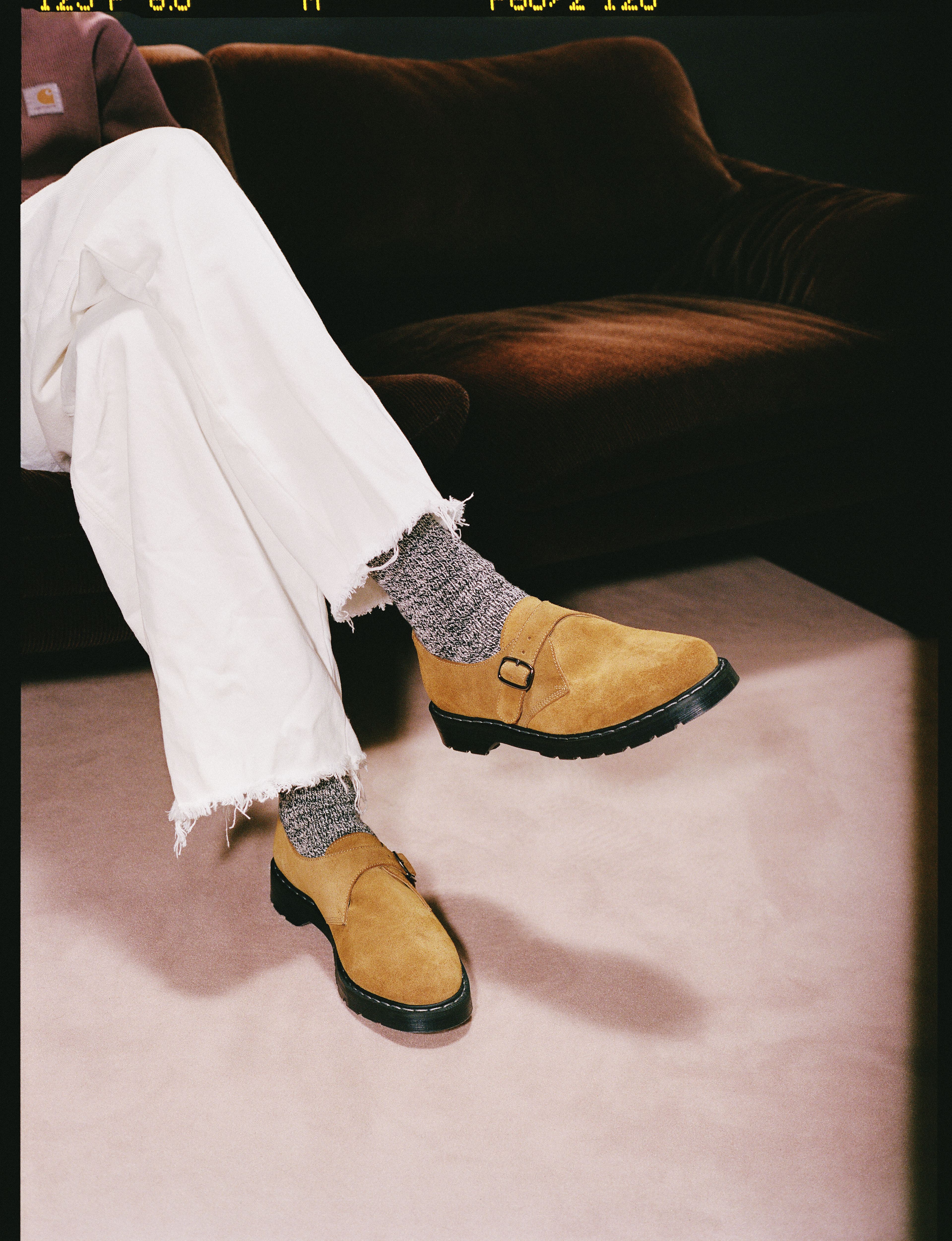 Model wearing a pair of the Solovair x Carhartt WIP Collaboration Monk Strap Derbies