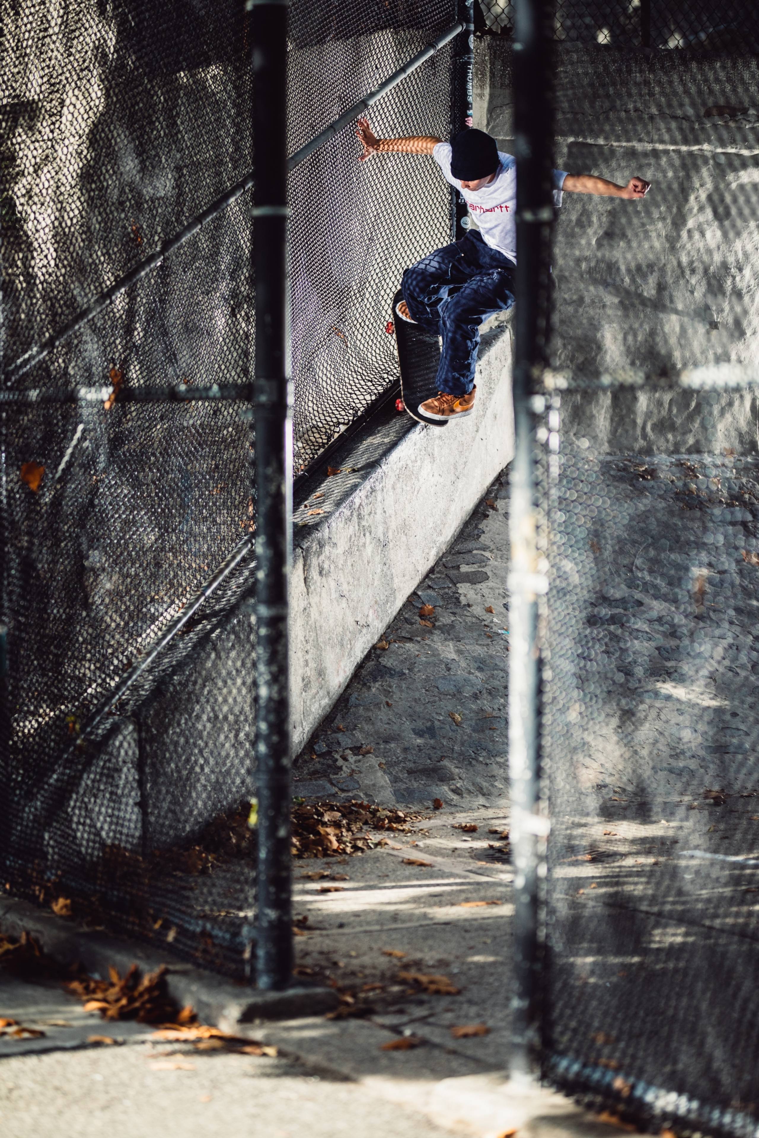 Skater Noah Mahieu doing a switch frontside wallie nosegrid in Carhartt WIP Precious Skate Shoot