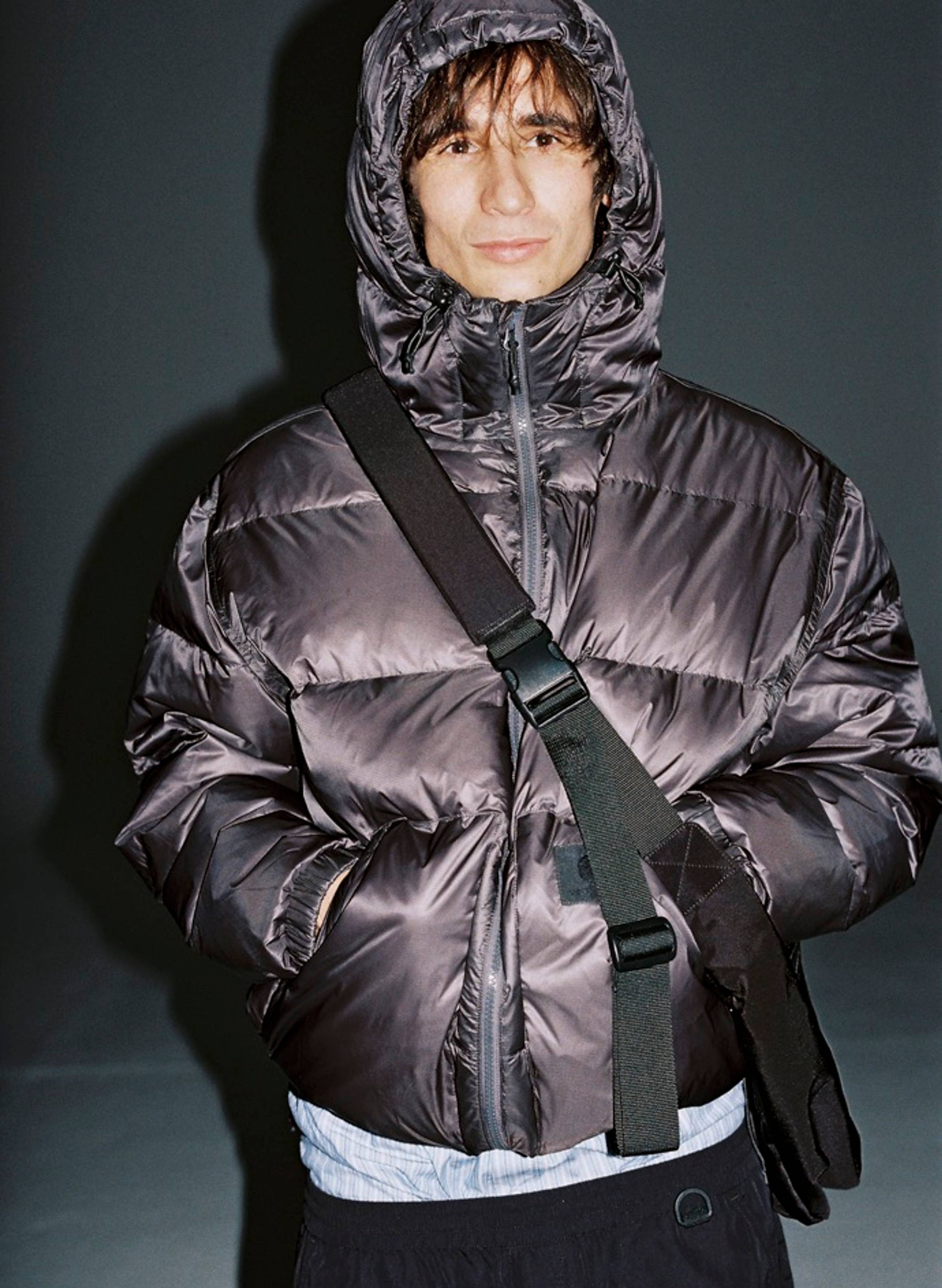 Model wearing a Lucid Jacket in Charcoal Grey in F/W25 Store Exclusives shoot