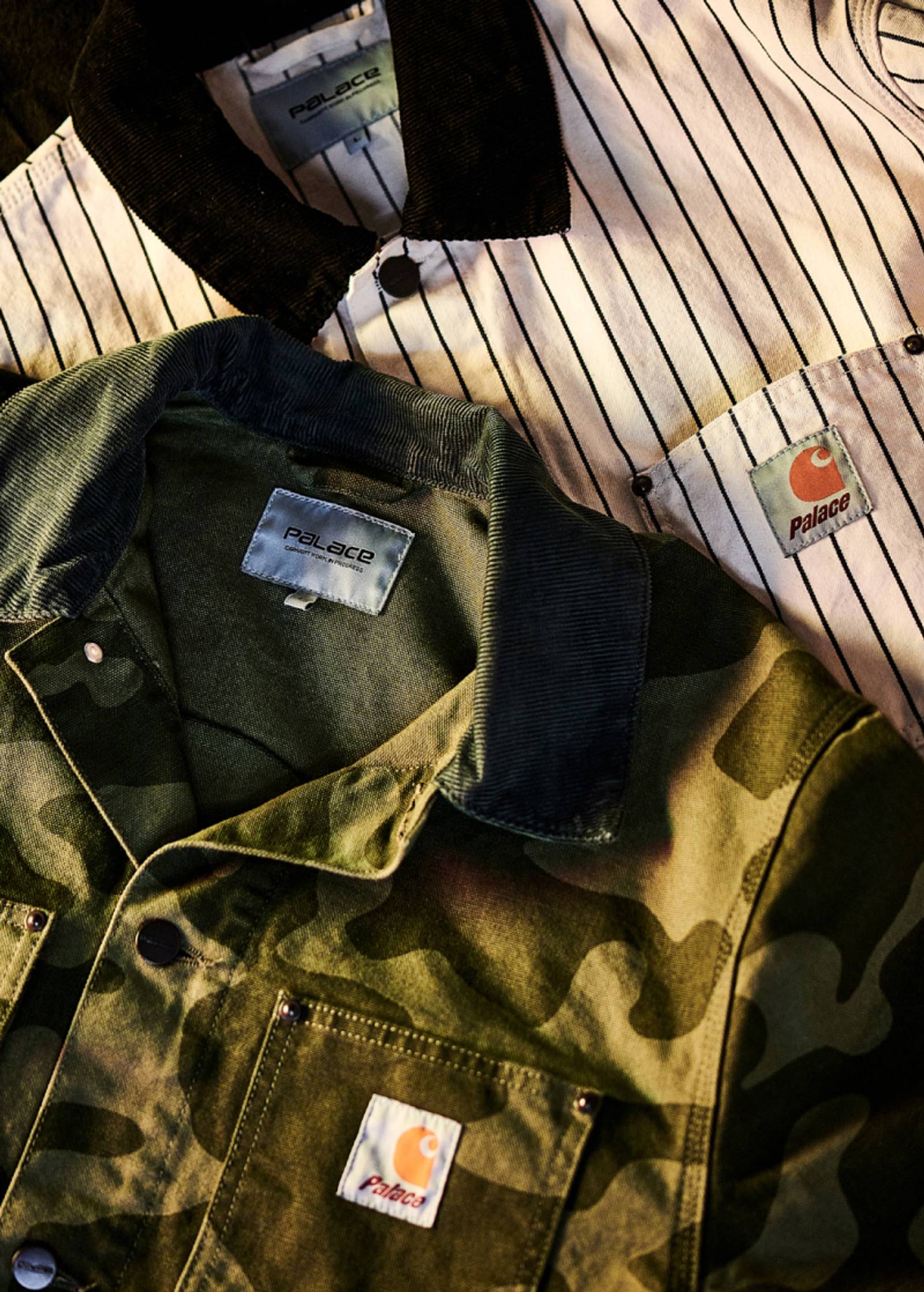 Carhartt WIP x Palace chore jackets in camo and stripe