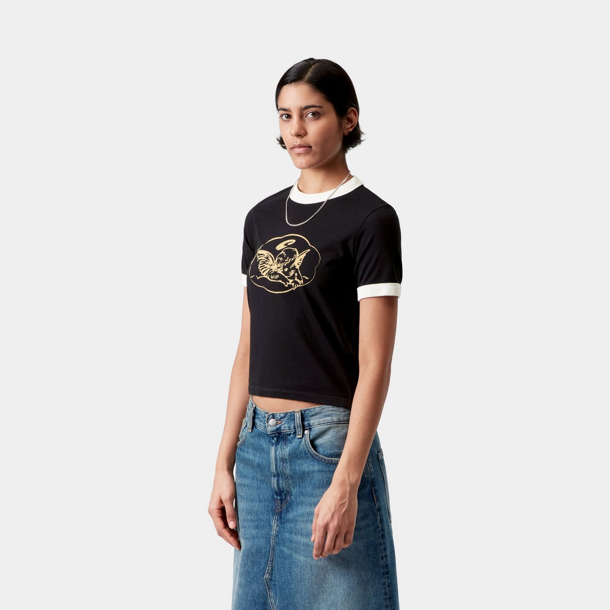 Model wearing a Women’s Reminiscing Ringer T-Shirt in black