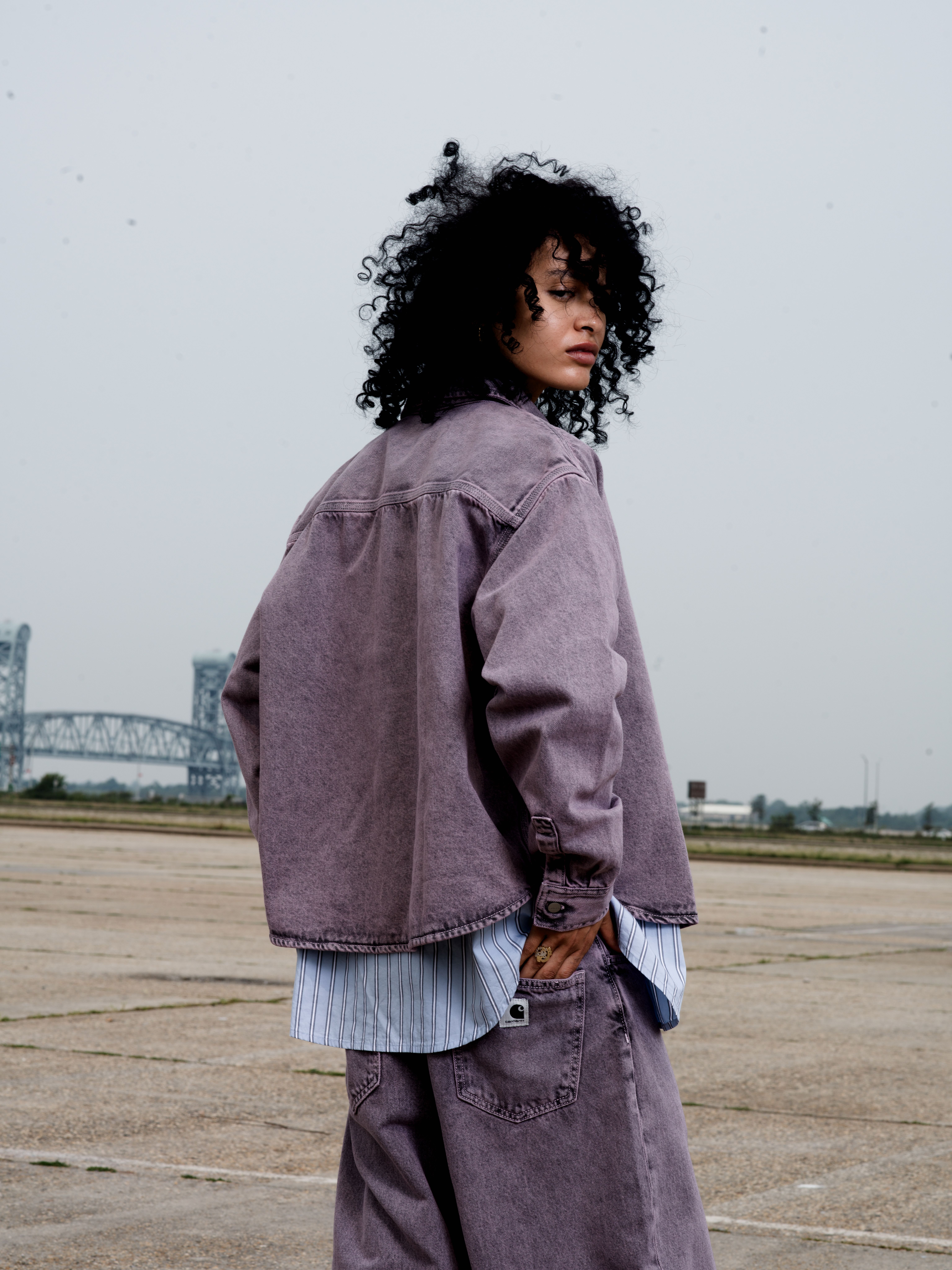 Backshot of Model wearing a Women's Georgia Shirt Jacket and Women's Brandon Pant in Hortensia