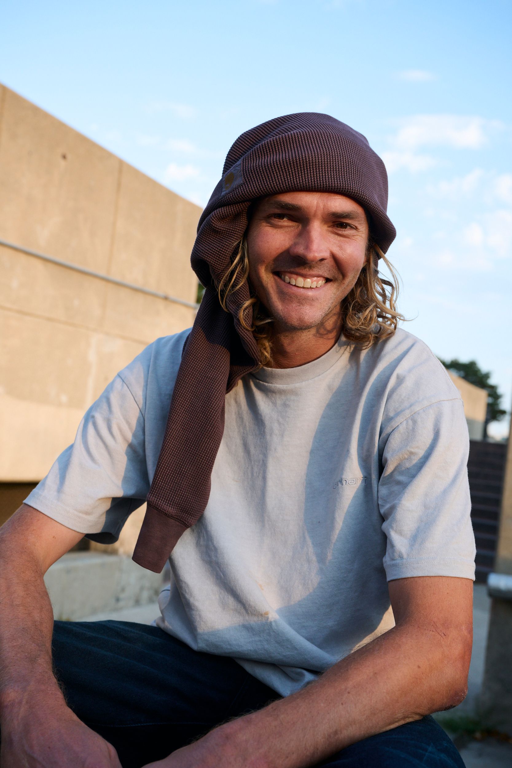Skater wearing a Long Sleeve Vista Waffle T-Shirt wrapped around his head