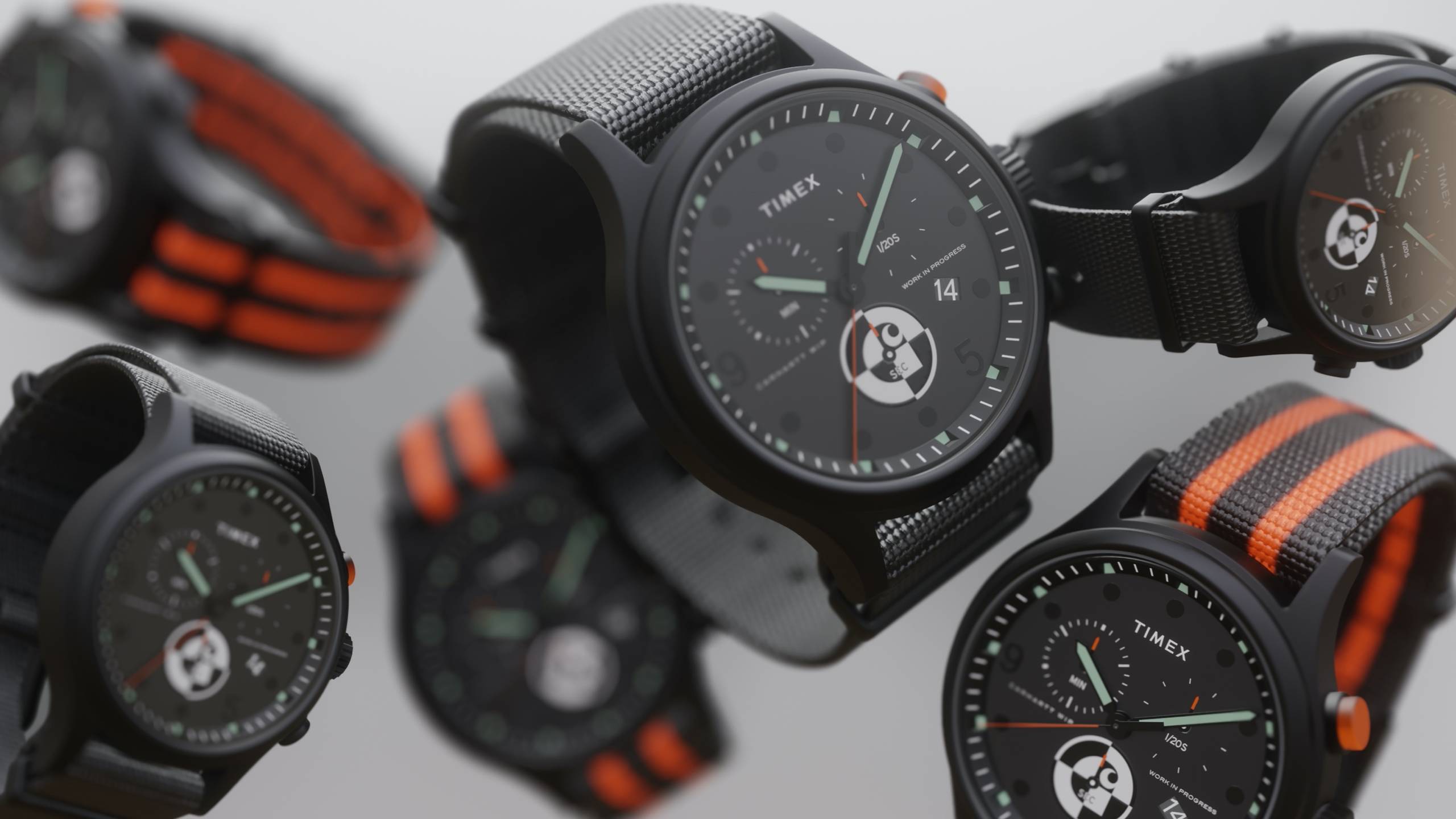 Editorial photo of 6 Carhartt WIP x Timex Range C Allied Chronograph wristwatches