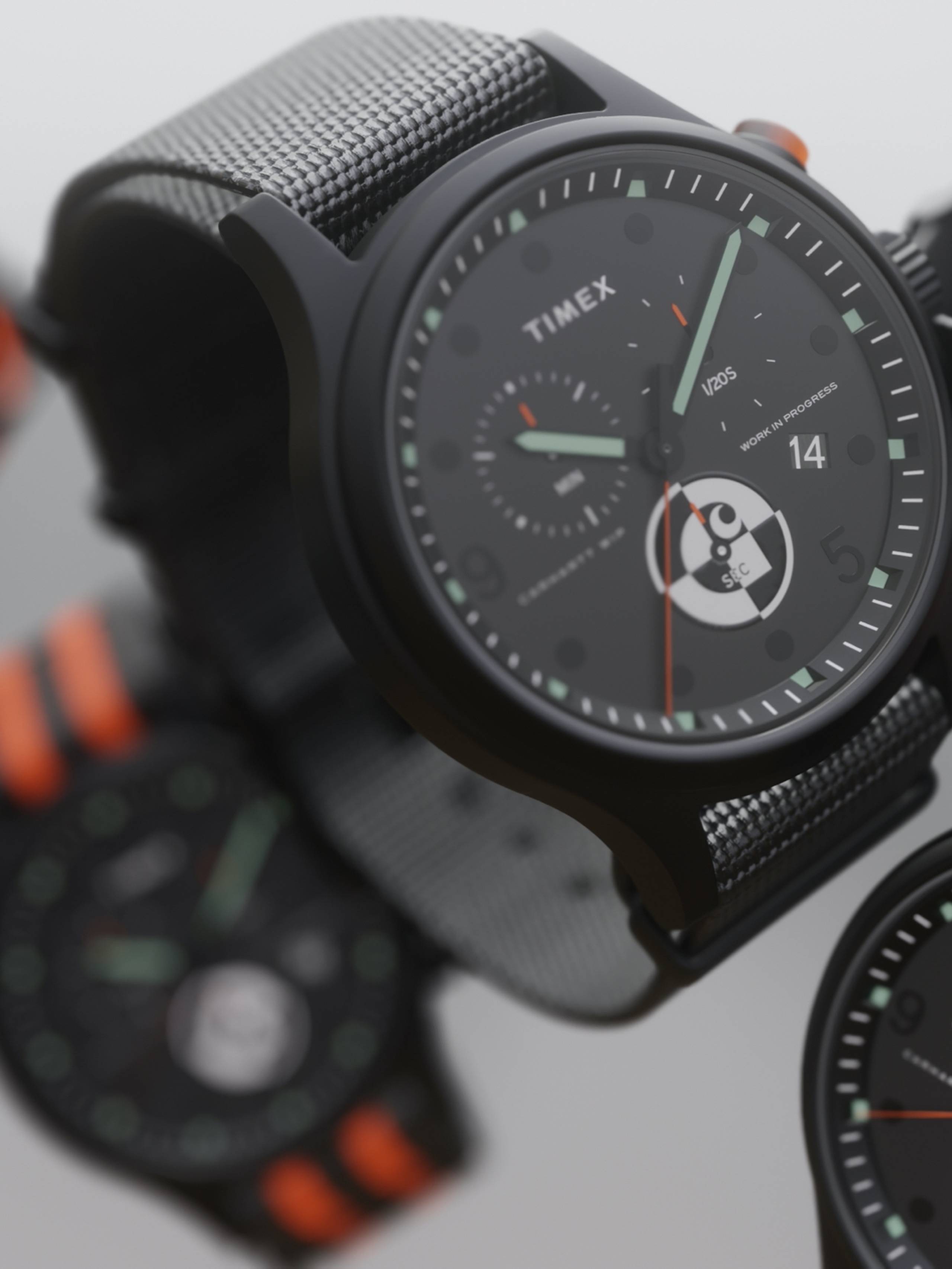 Editorial photo of 6 Carhartt WIP x Timex Range C Allied Chronograph wristwatches