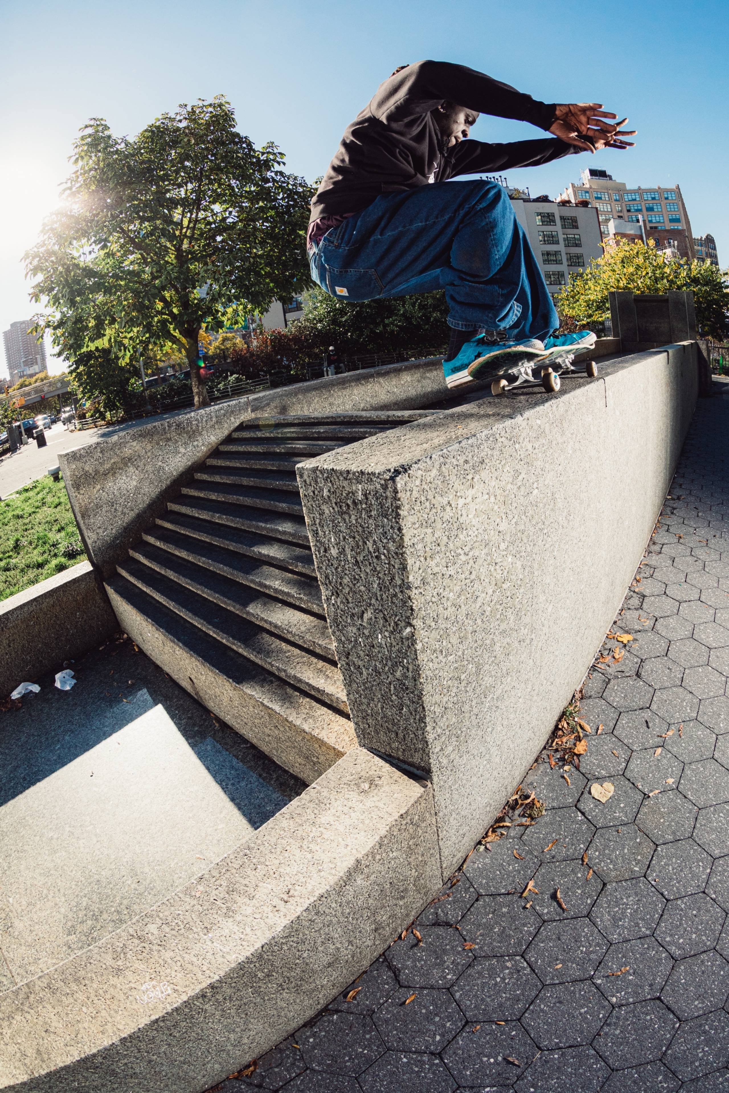 Skater Ibu Sanyang doing an Ollie up tp 50/50 in Carhartt WIP Precious Skate Film