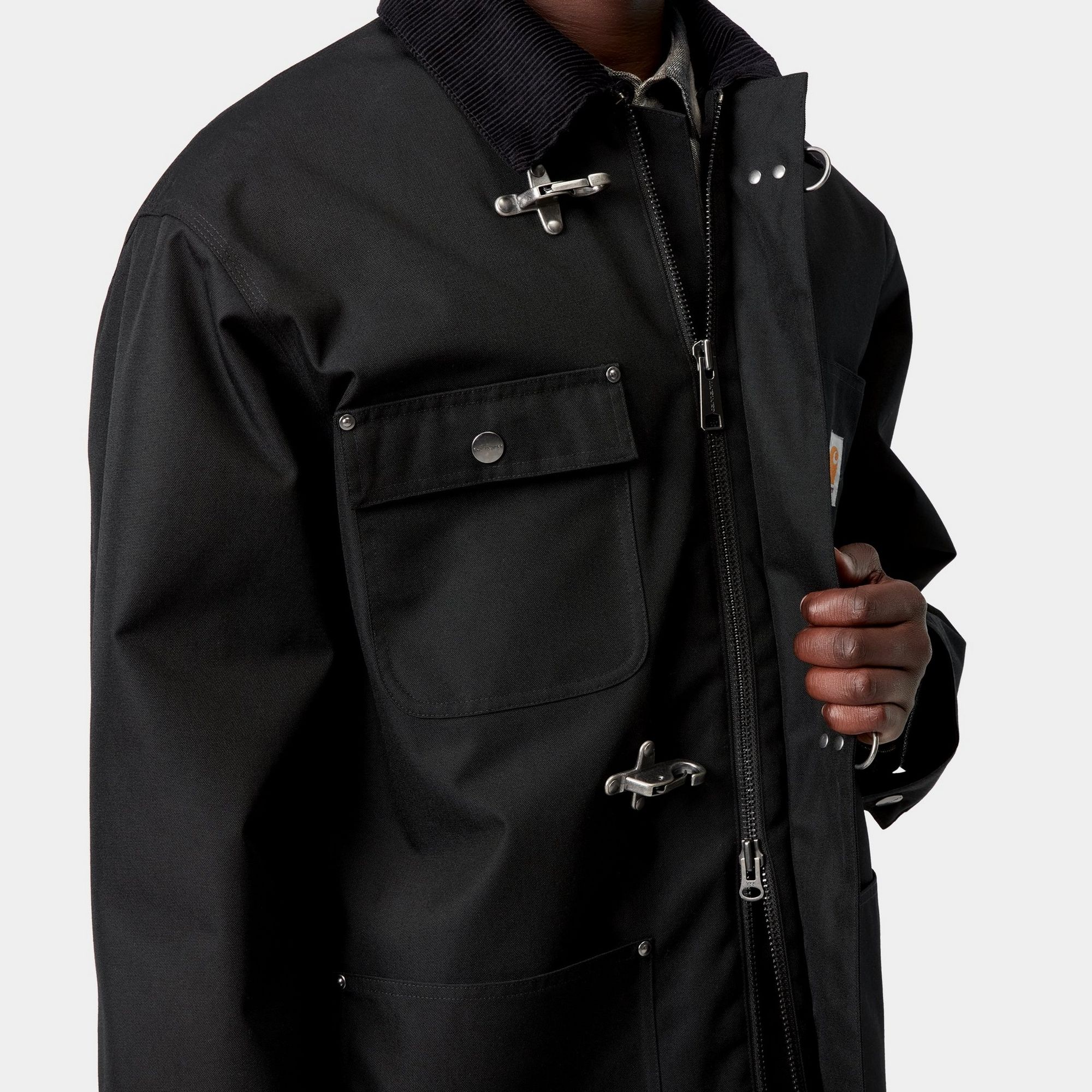 Closeup shot of model wearing an Adair Coat in Blakc