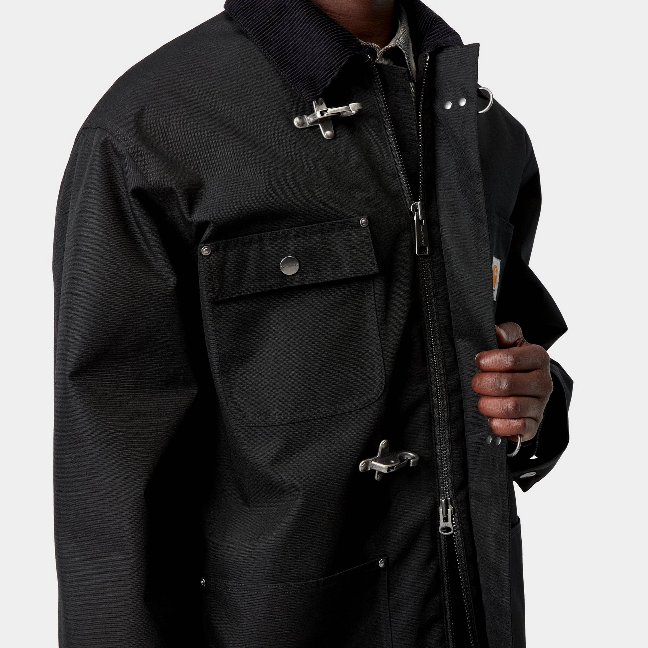 Closeup shot of model wearing an Adair Coat in Blakc