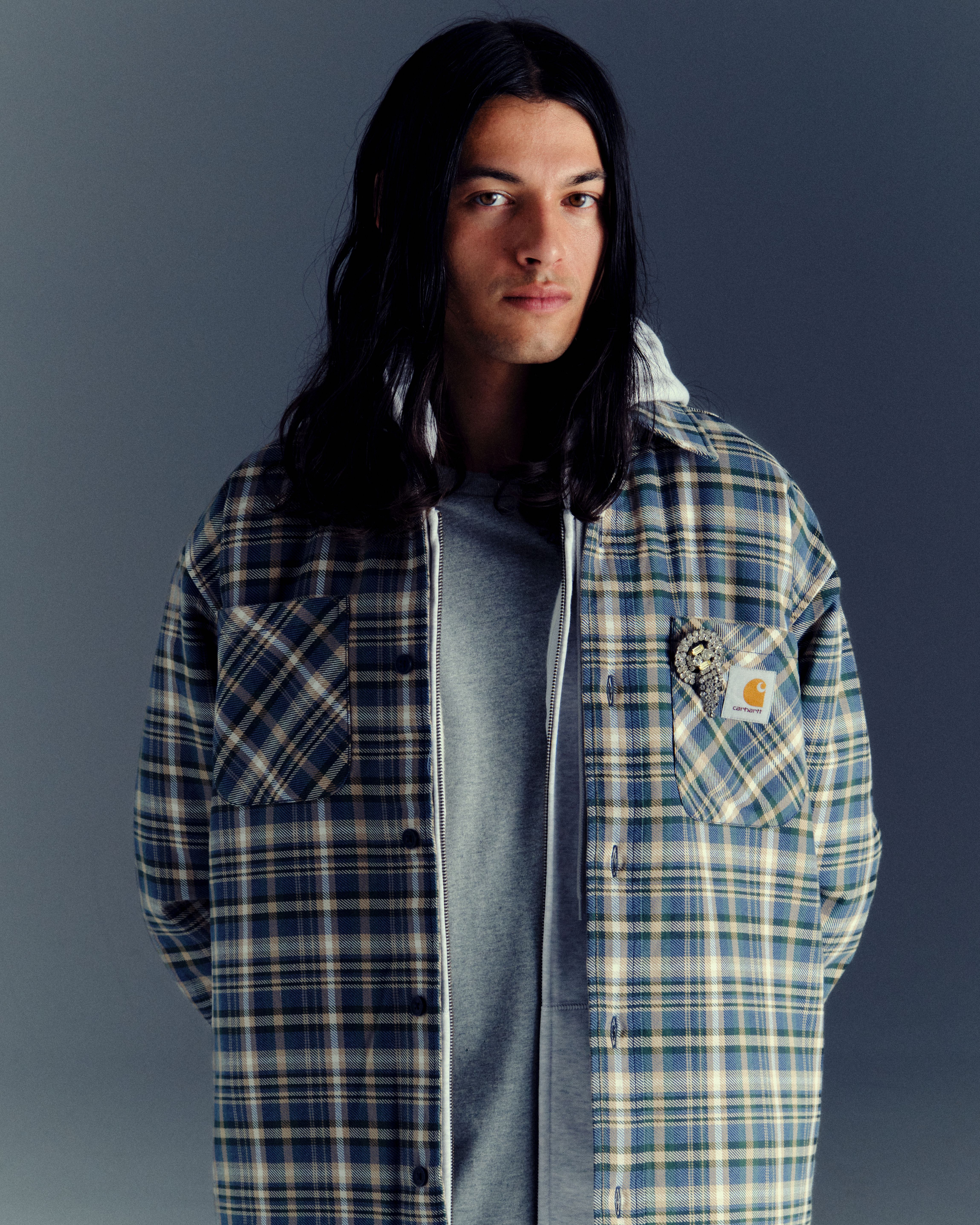 Model wearing a Cronyn Check Shirt Jacket in Dark Navy