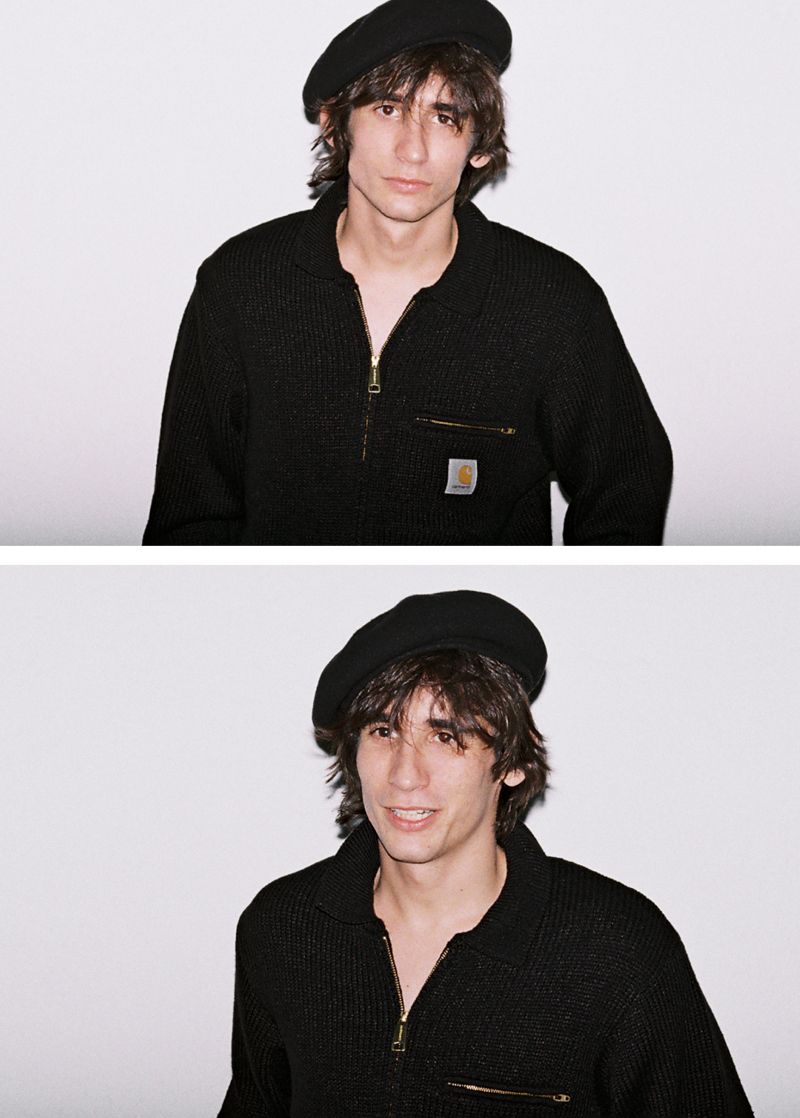 Model wearing a beret and a Detroit Sweater in F/W25 Store Exclusives shoot