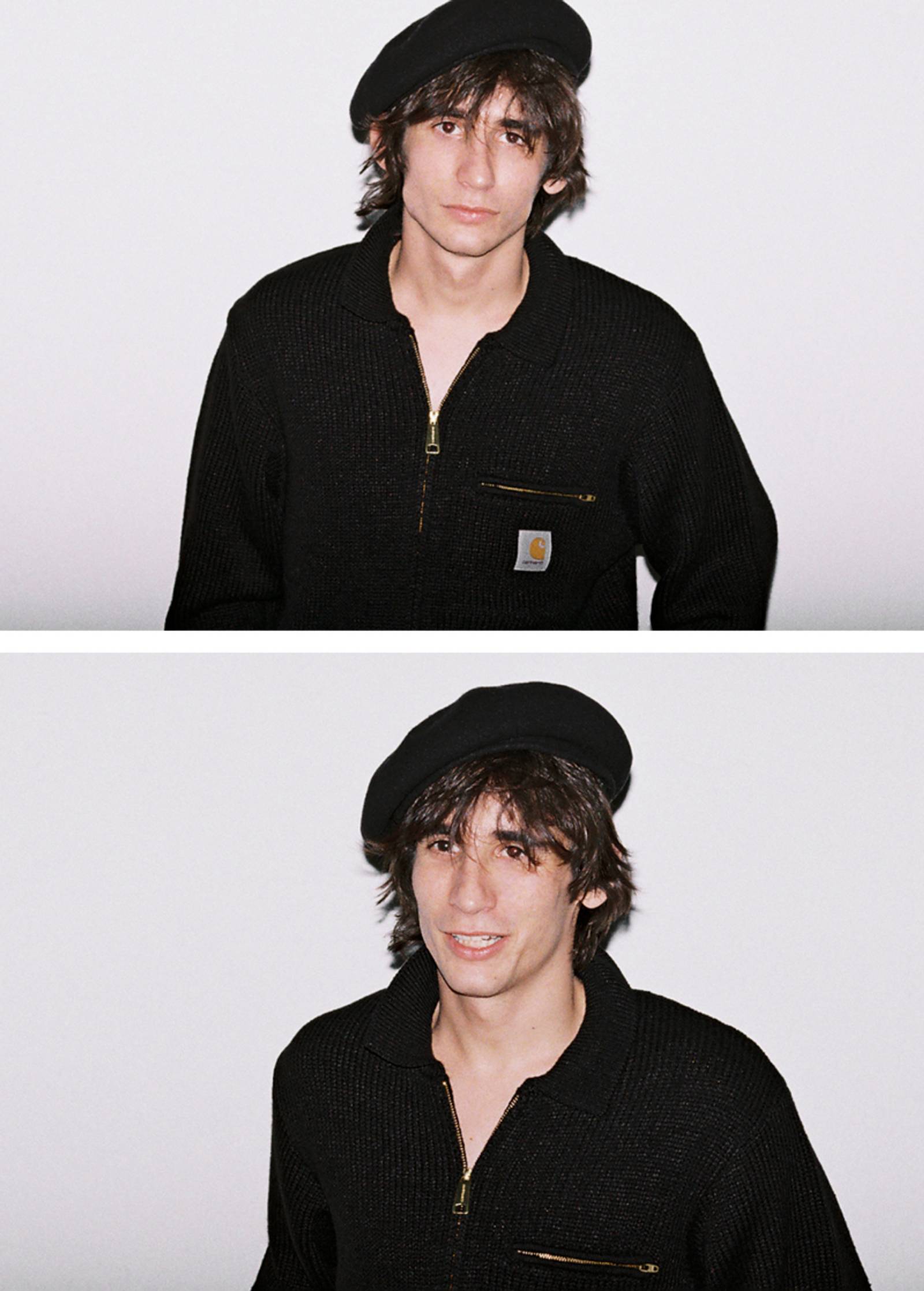 Model wearing a beret and a Detroit Sweater in F/W25 Store Exclusives shoot