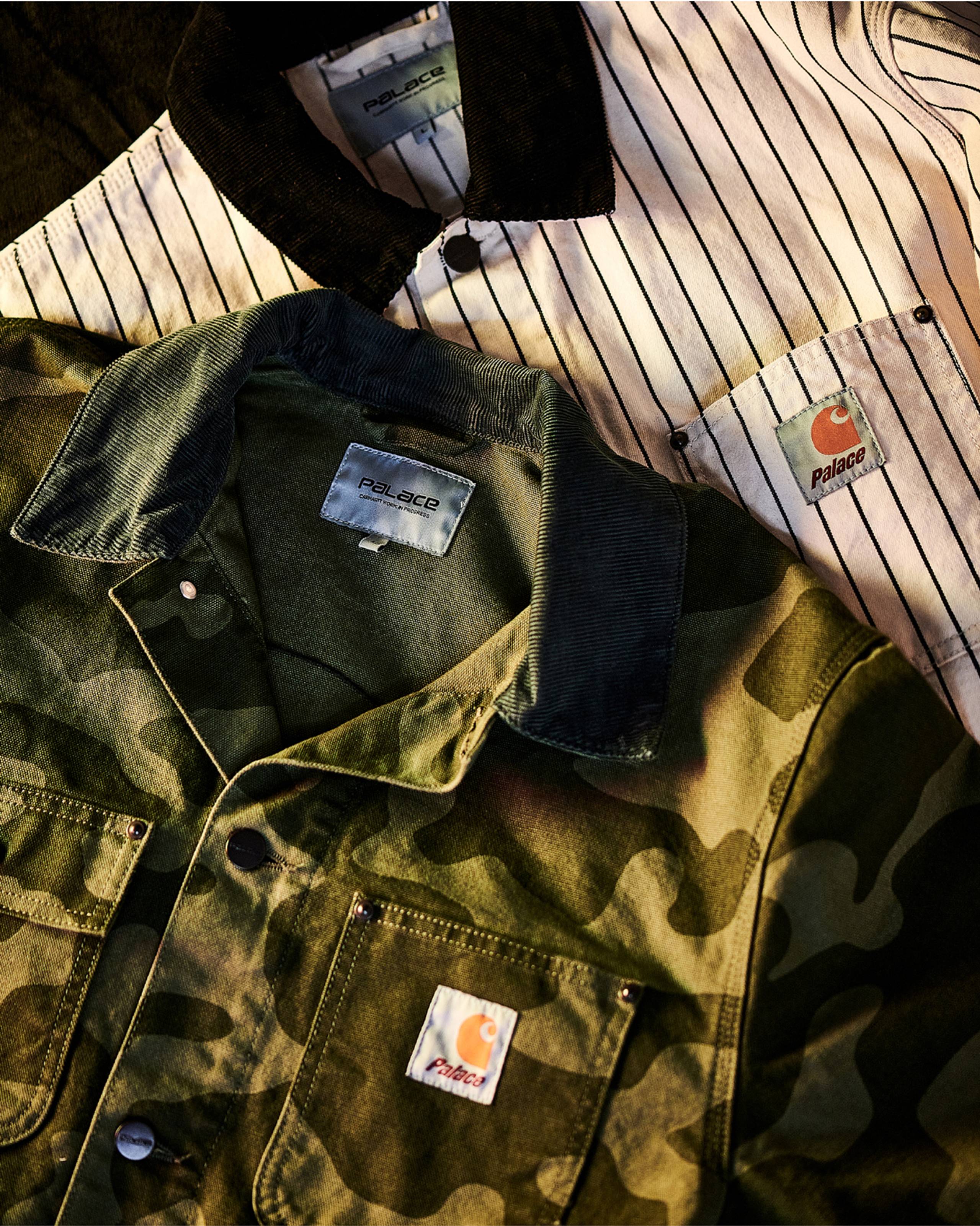 Carhartt WIP x Palace chore jackets in camo and stripe