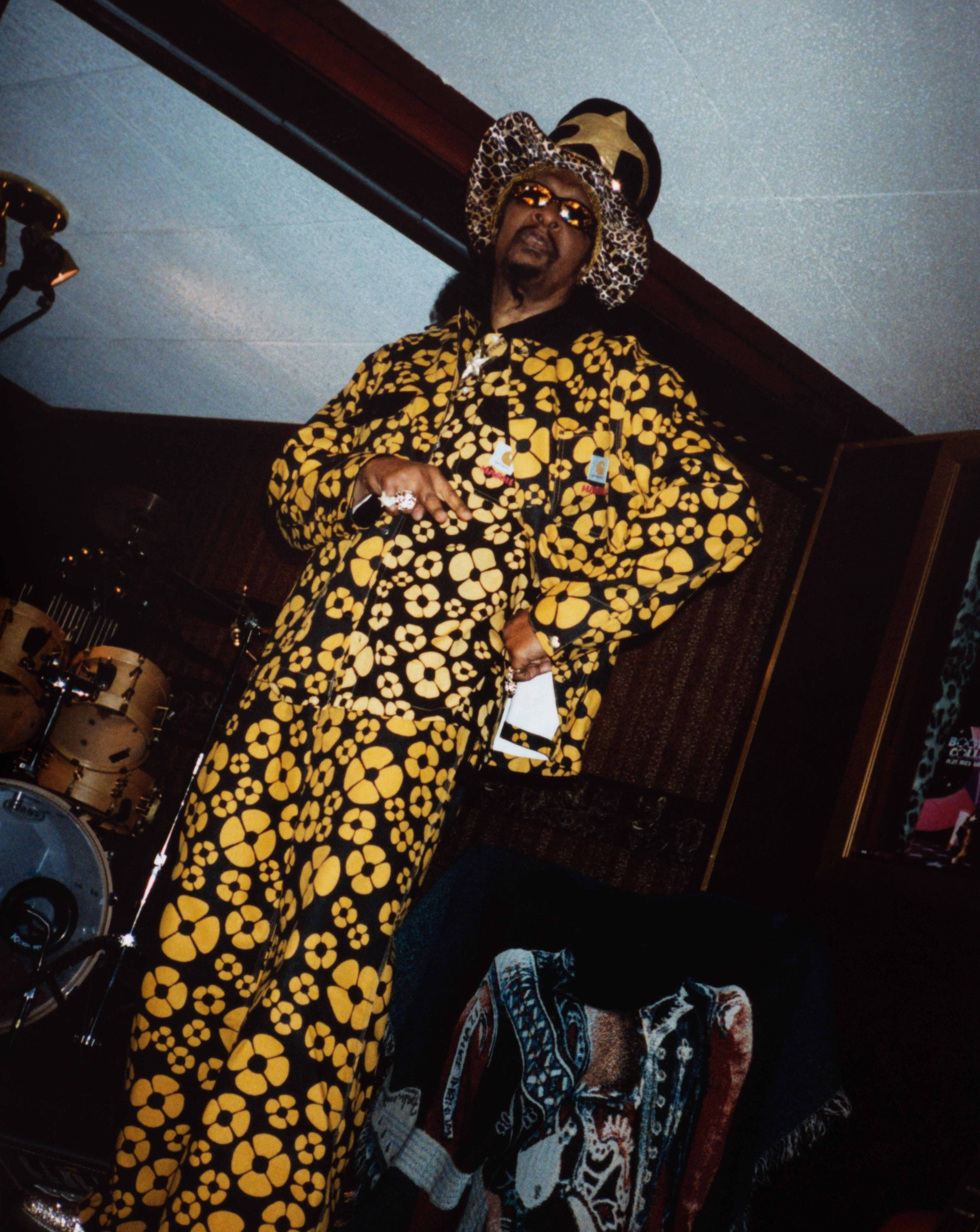 Model wearing MARNI x Carhartt WIP floral print suit