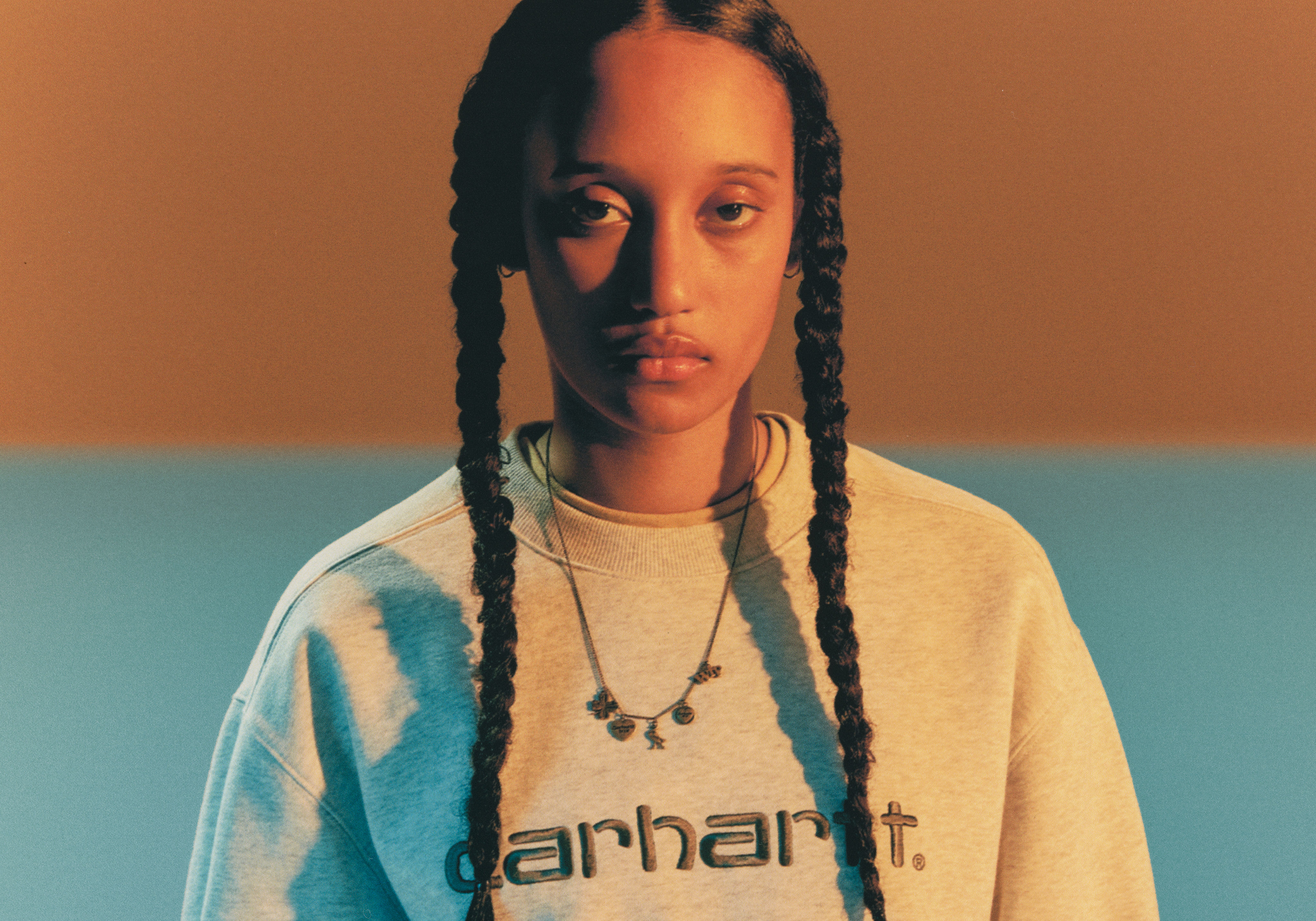 Model wearing a Carhartt Script Swearshirt