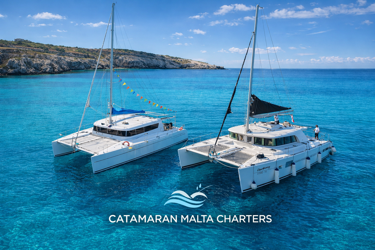 Catamarans cruising Malta coastline