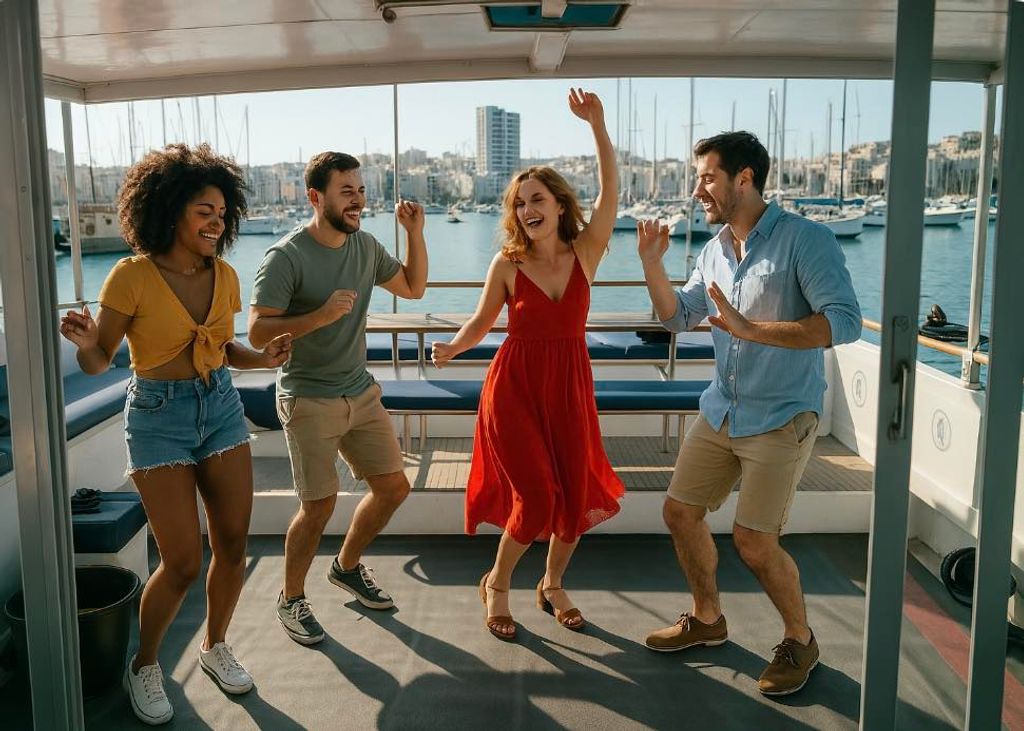 Guests dancing and celebrating on the deck of a catamaran in a Malta marina.