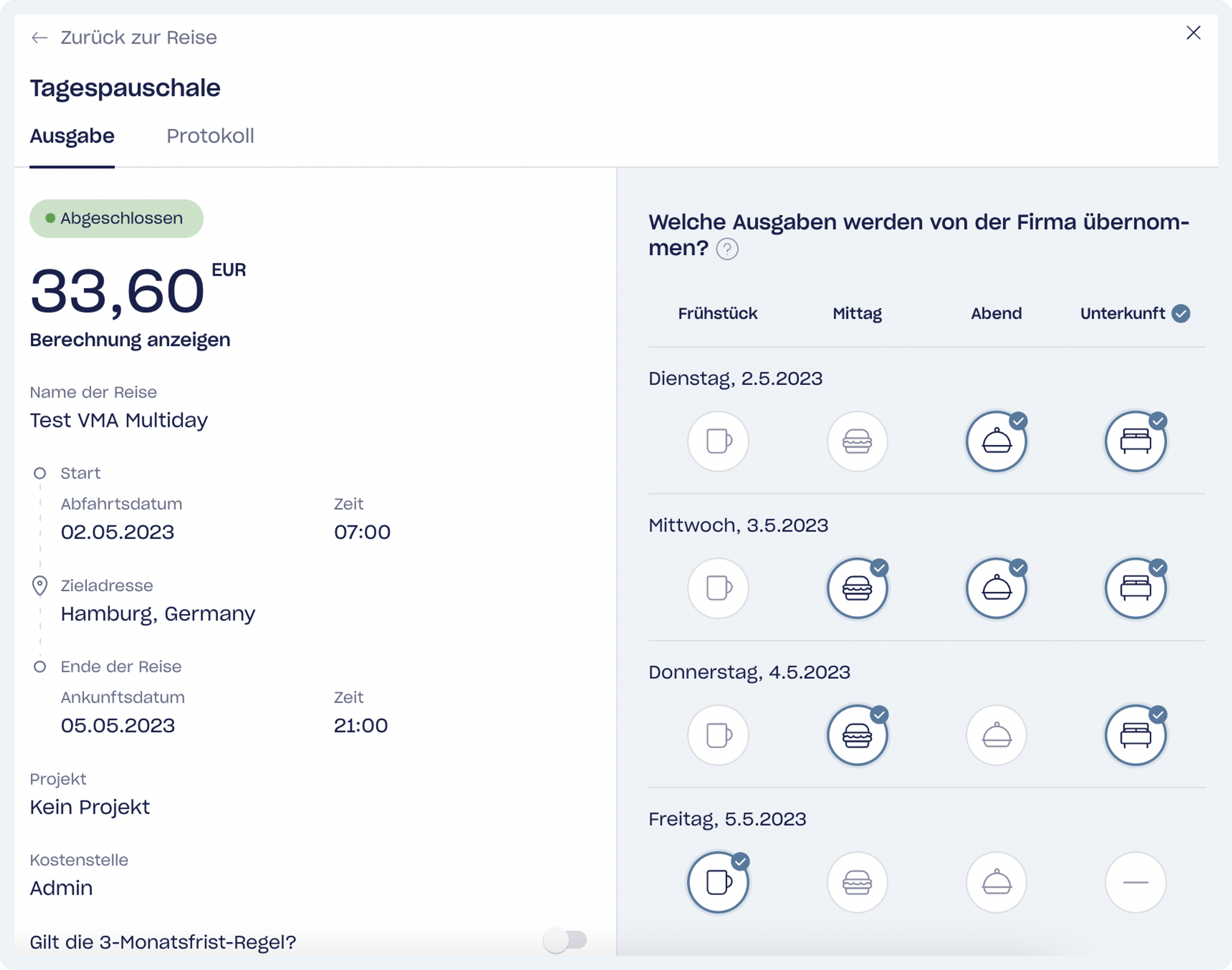 Alle Pauschalen von Circula werden automatisch berechnet, inkl. Kürzungen aufgrund übernommener Mahlzeiten.