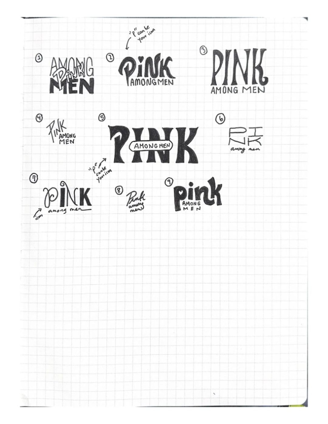 Pink among men, hand-drawn sketches from Drew's sketchbook