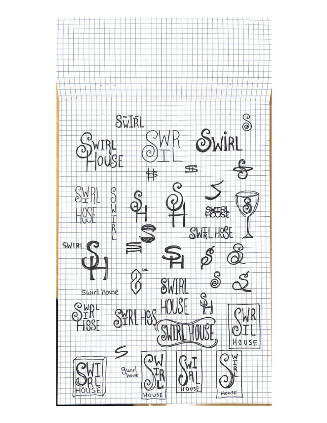 Swirl house, hand-drawn sketches from Drew's sketchbook