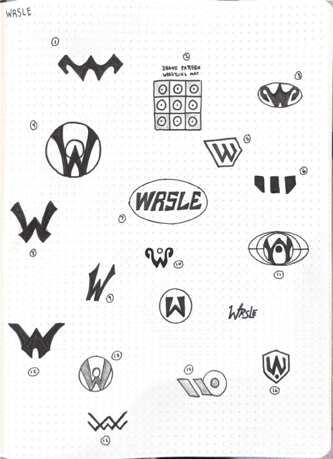 Wrsle, hand-drawn sketches from Drew's sketchbook