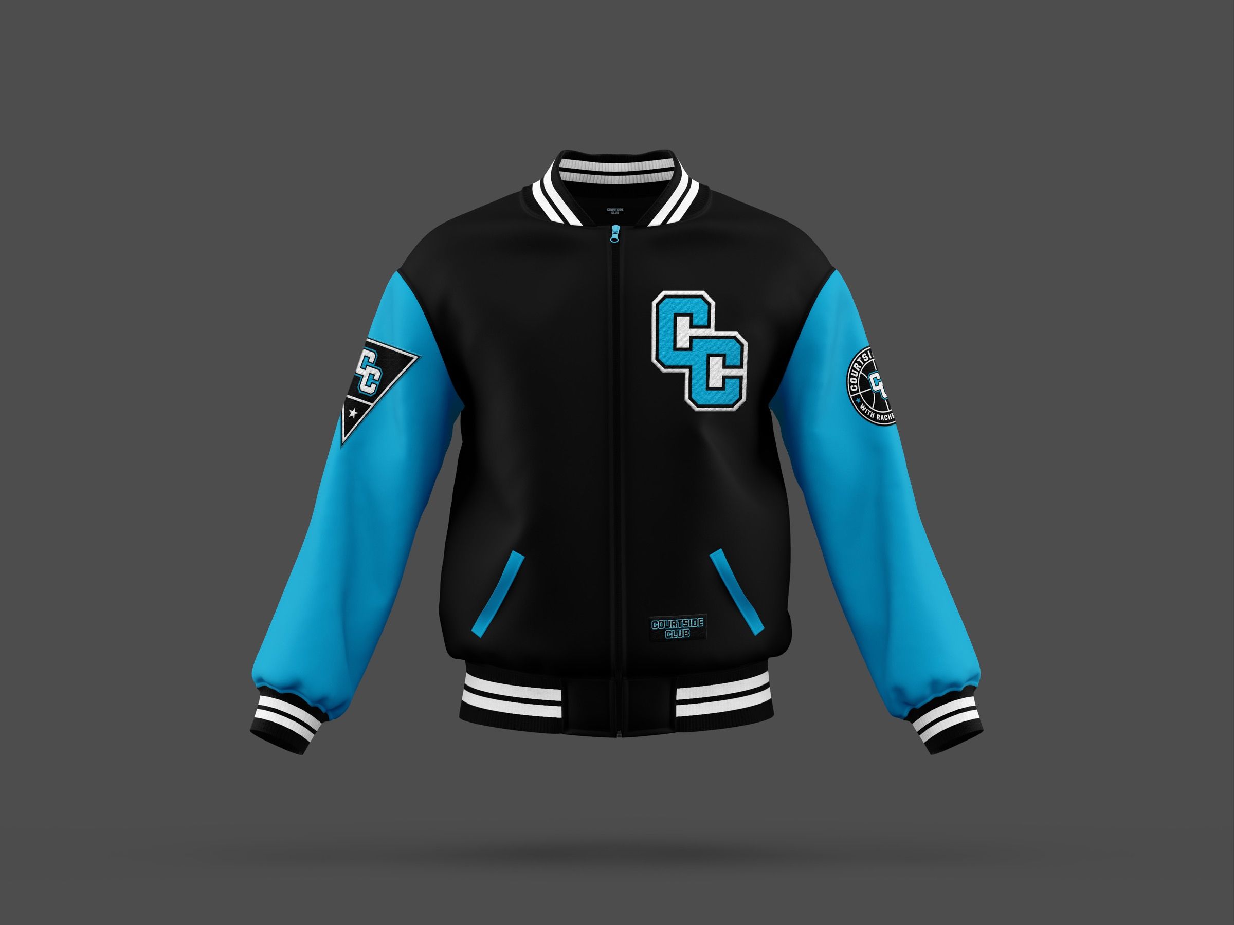 Courtside Club with Rachel DeMita, cc varsity jacket front