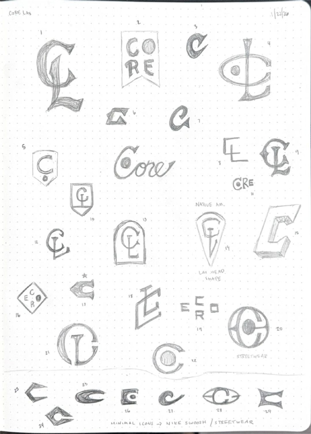 Core lax round 3, hand-drawn sketches from Drew's sketchbook