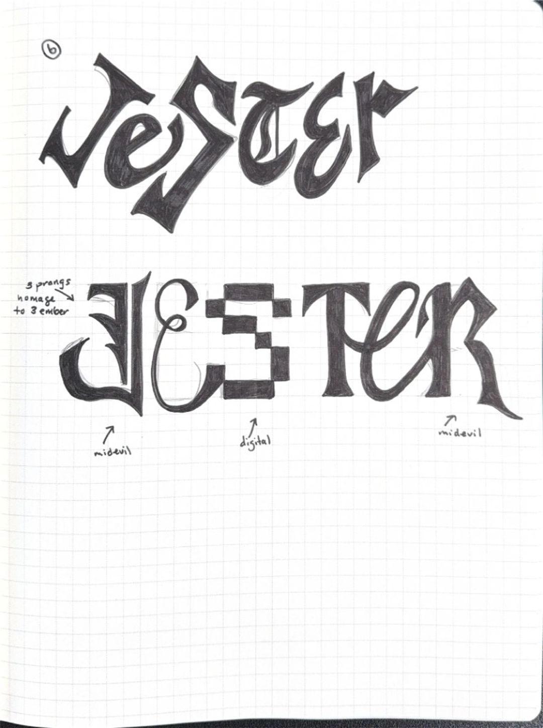 Jester, hand-drawn sketches from Drew's sketchbook