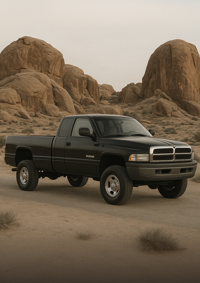 Black Dodge Ram 2500 in the desert with rock formations