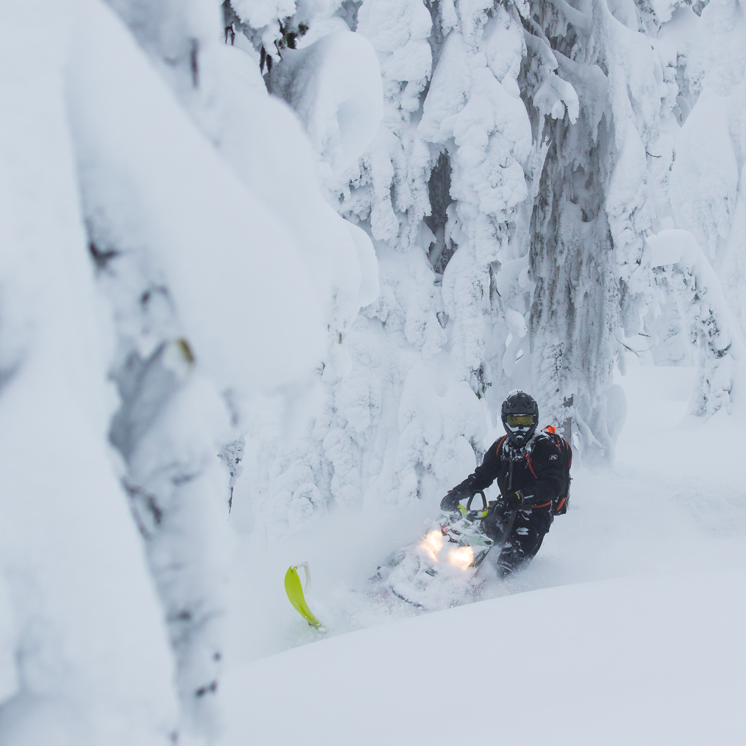 Snowmobile getting deep into the snow on a turn in the mountains with trees covered in snow