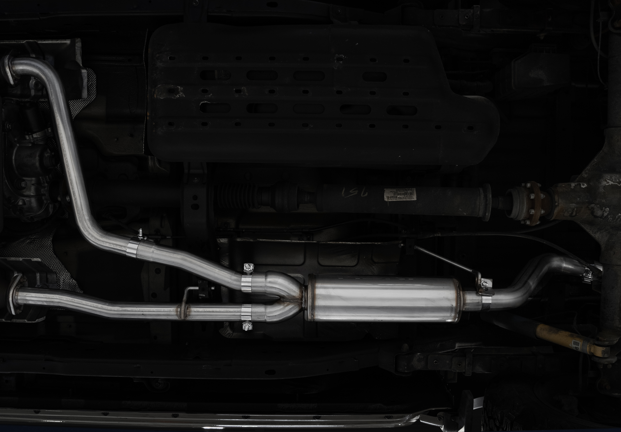 MBRP exhaust installed and shown underneath vehicle
