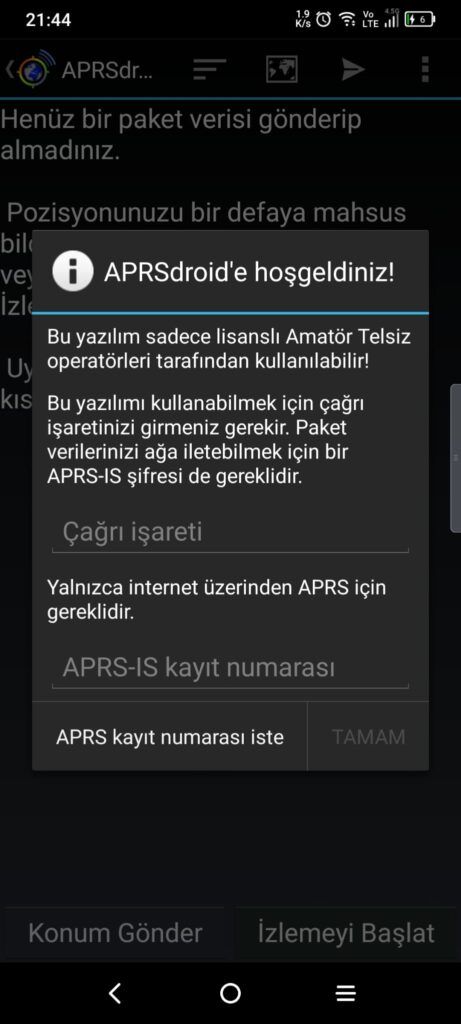 Şekil 7 - APRS-IS Şifre Ekranı