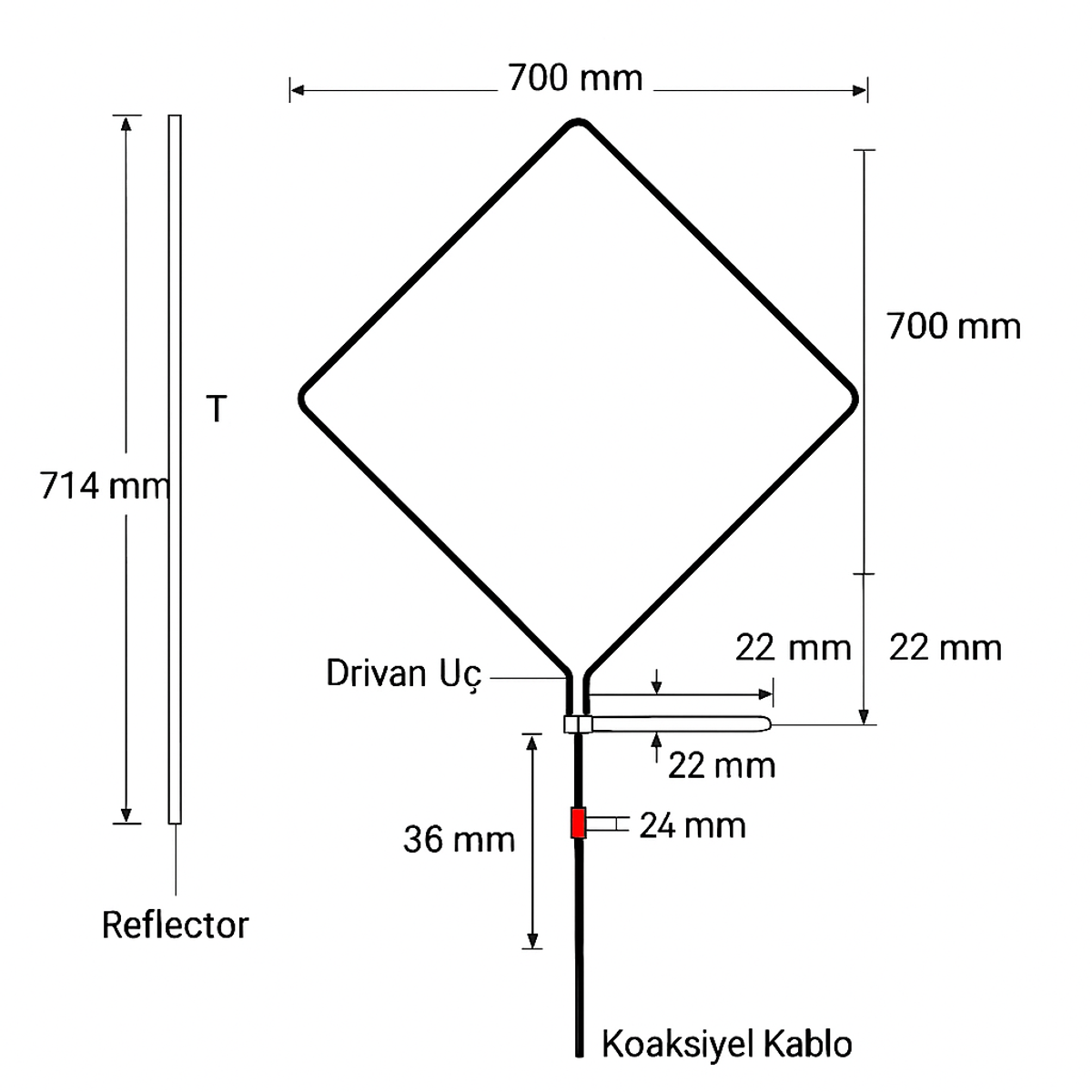 λ Tam Dalga Boyu UHF Kübik Quad Anten
