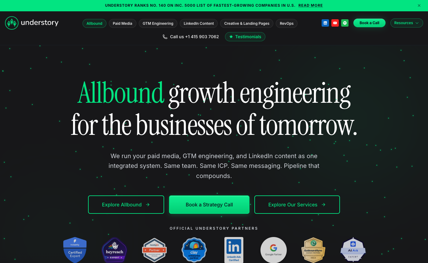 Understory Agency homepage showing the allbound system