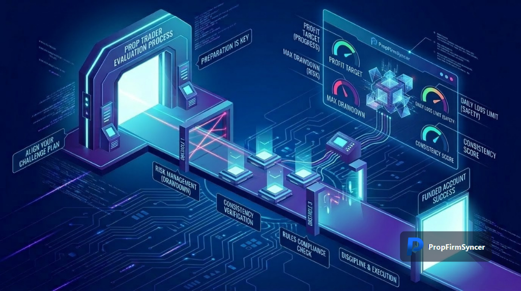 A picture from propfirmsyncer.com that represents Understanding the prop trader evaluation process