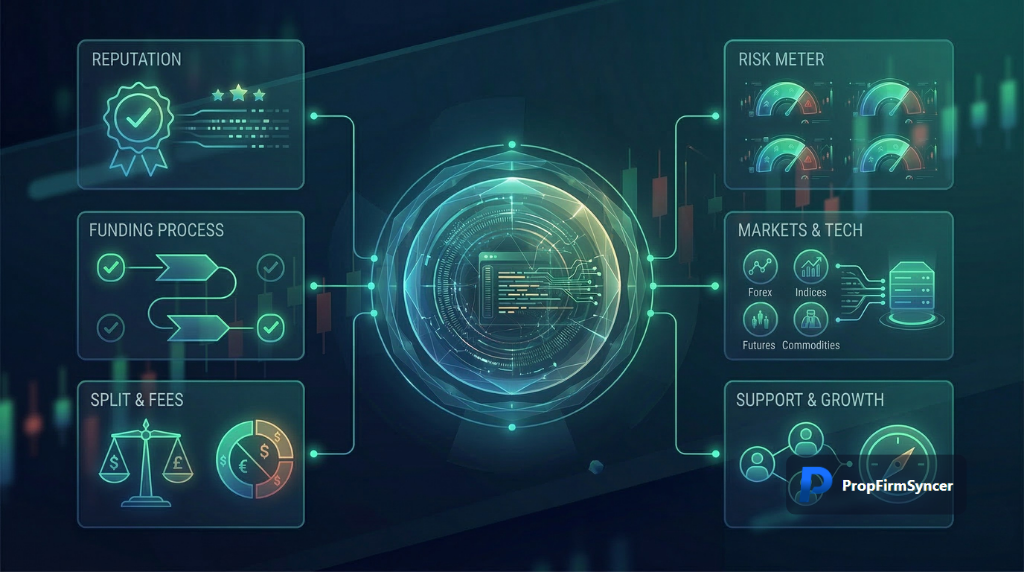 A picture of propfirmsyncer.com that represents this is how you should evaluate prop firms for trading