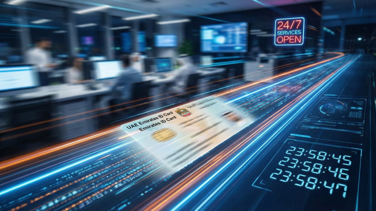 Emirates ID card and passport on a desk at an Abu Dhabi typing center