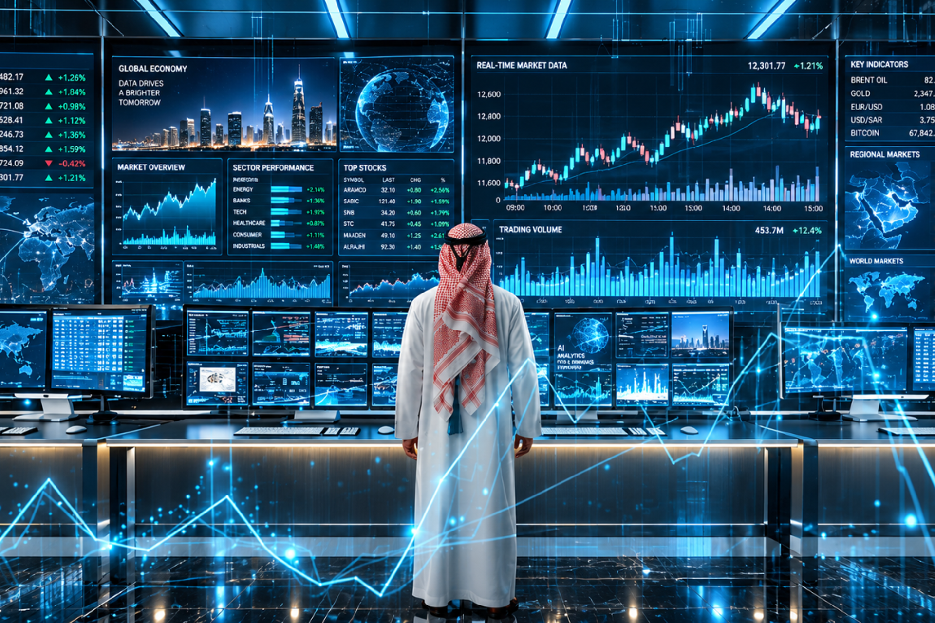 Emirati man standing in a high-tech digital command center with glowing data screens, representing advanced government and digital services at A to Z Typing Center in Abu Dhabi.