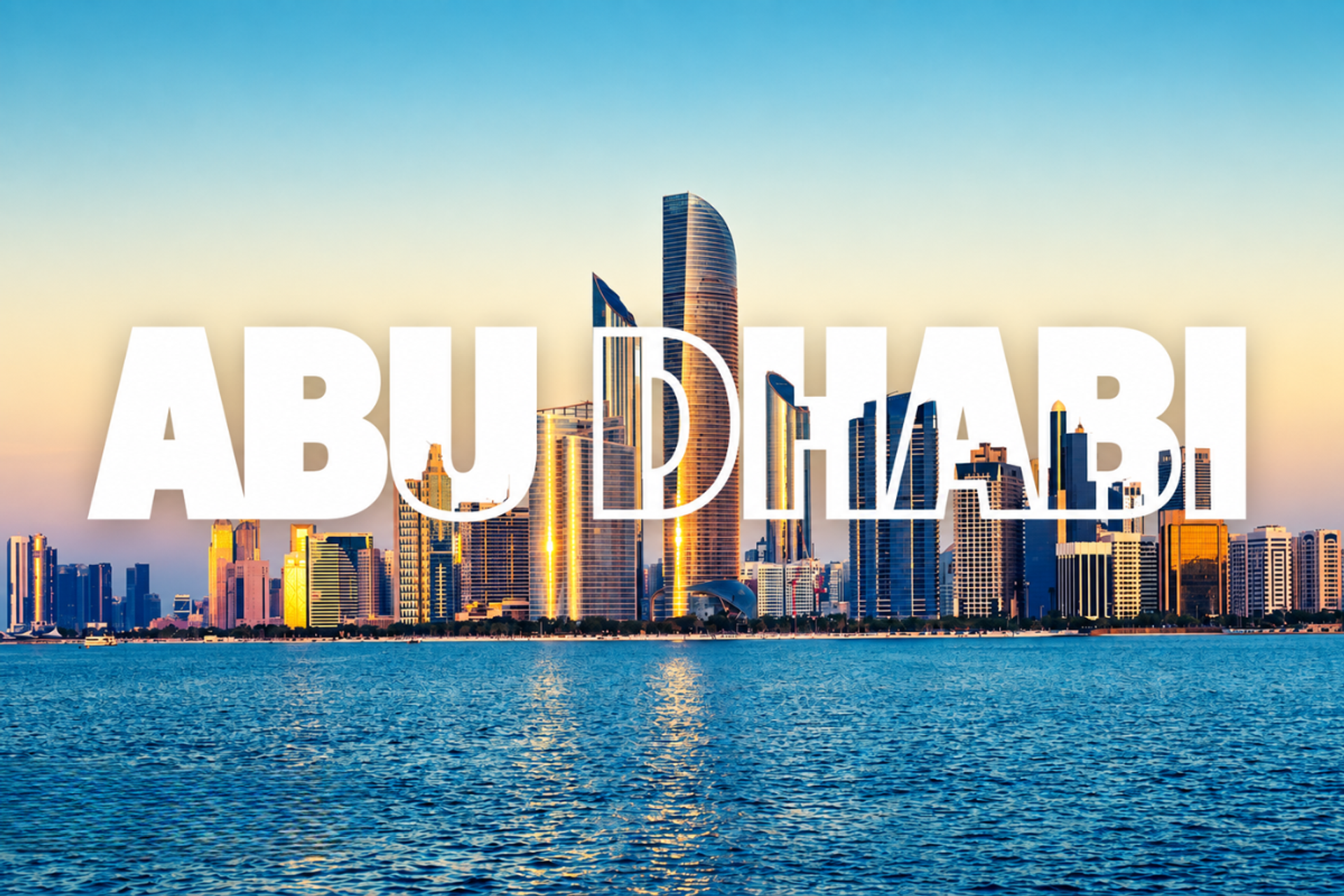 Vibrant golden sunset view of the Abu Dhabi skyline across the water with bold white ABU DHABI text, representing the primary service area for A to Z Typing Center.