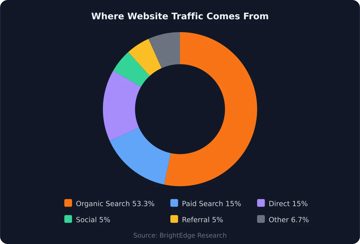 Donut chart showing website traffic sources: organic search dominates at 53.3%, followed by paid search and direct at 15% each, social and referral at 5% each, and other sources at 6.7%.
