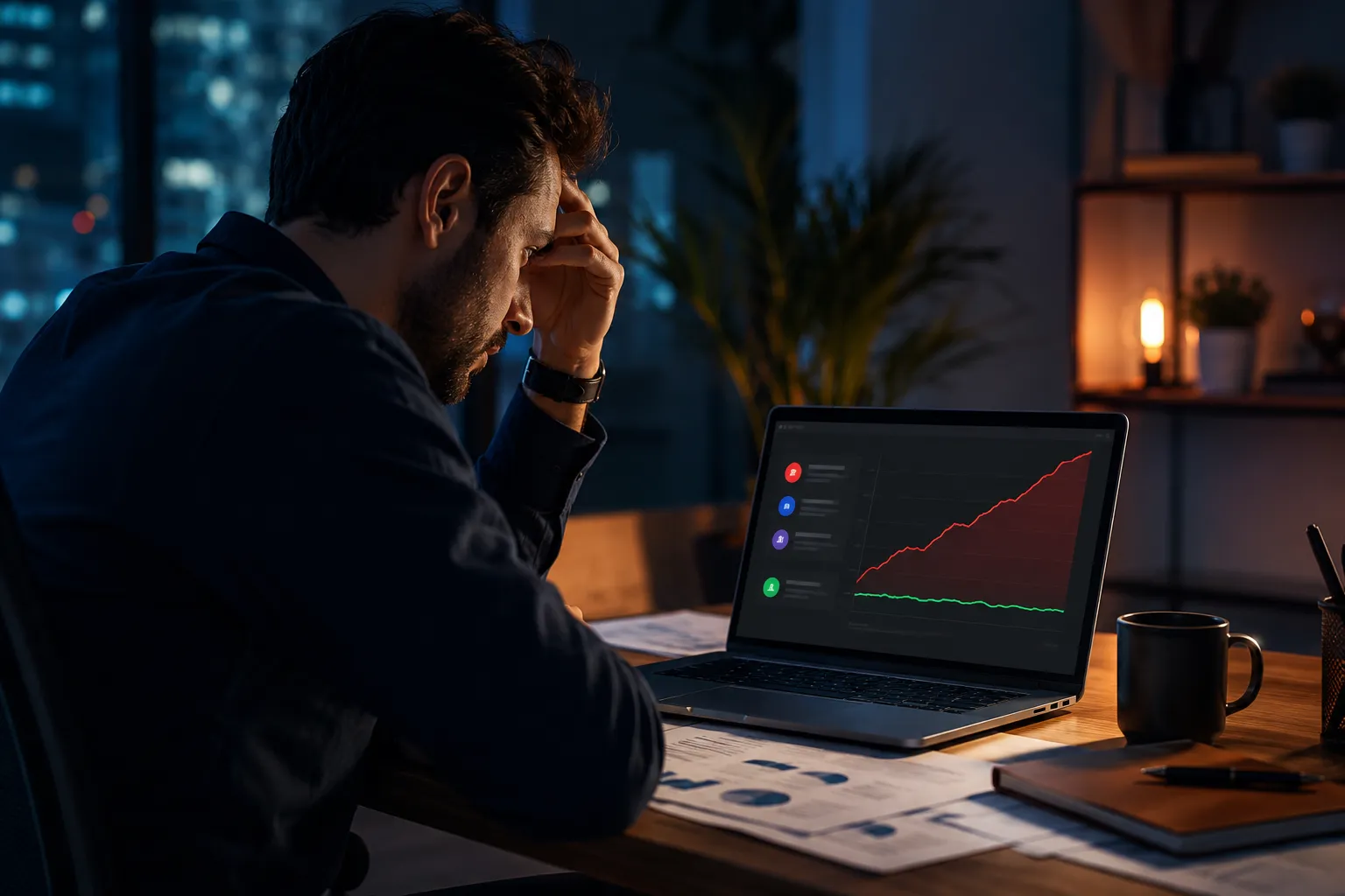 A stressed small business owner reviewing marketing spend on a laptop at night, with rising paid ads and SEO costs compared against flat business revenue.