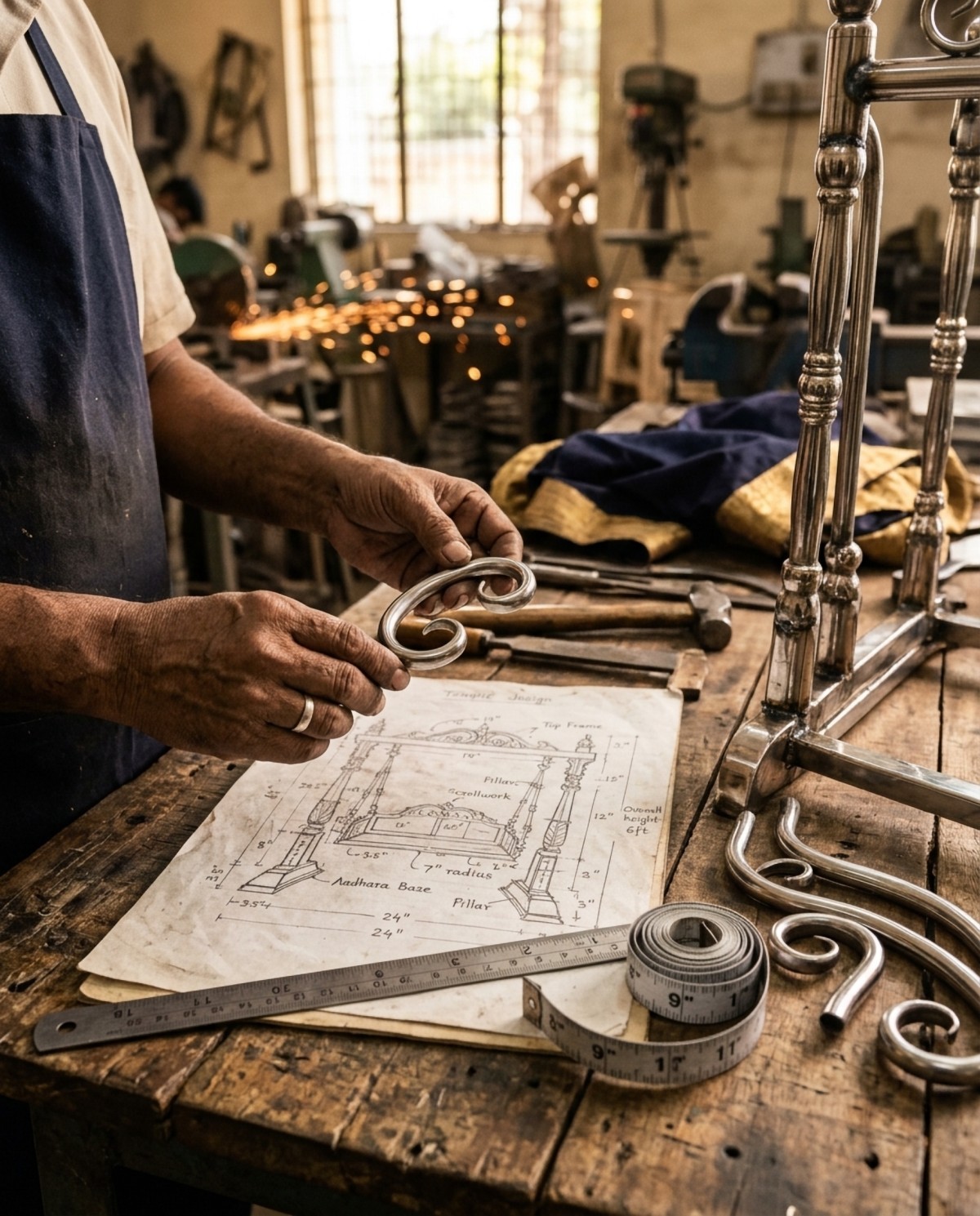 Craftsman checking a hand-bent steel scroll against a custom design sketch