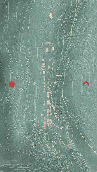 A hand drawn map of a coastal region with whales and other lines suggesting movement sketched in yellow against a green background