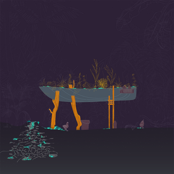 False-color vector drawing of a boat from which plants are growing, propped up by branches of a tree, held about two meters above the ground.