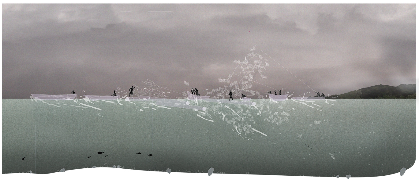 A stylized section drawing showing human figures in silhouette on 7 boats on the surface of grey-green water, who appear to be transporting a tree through the water